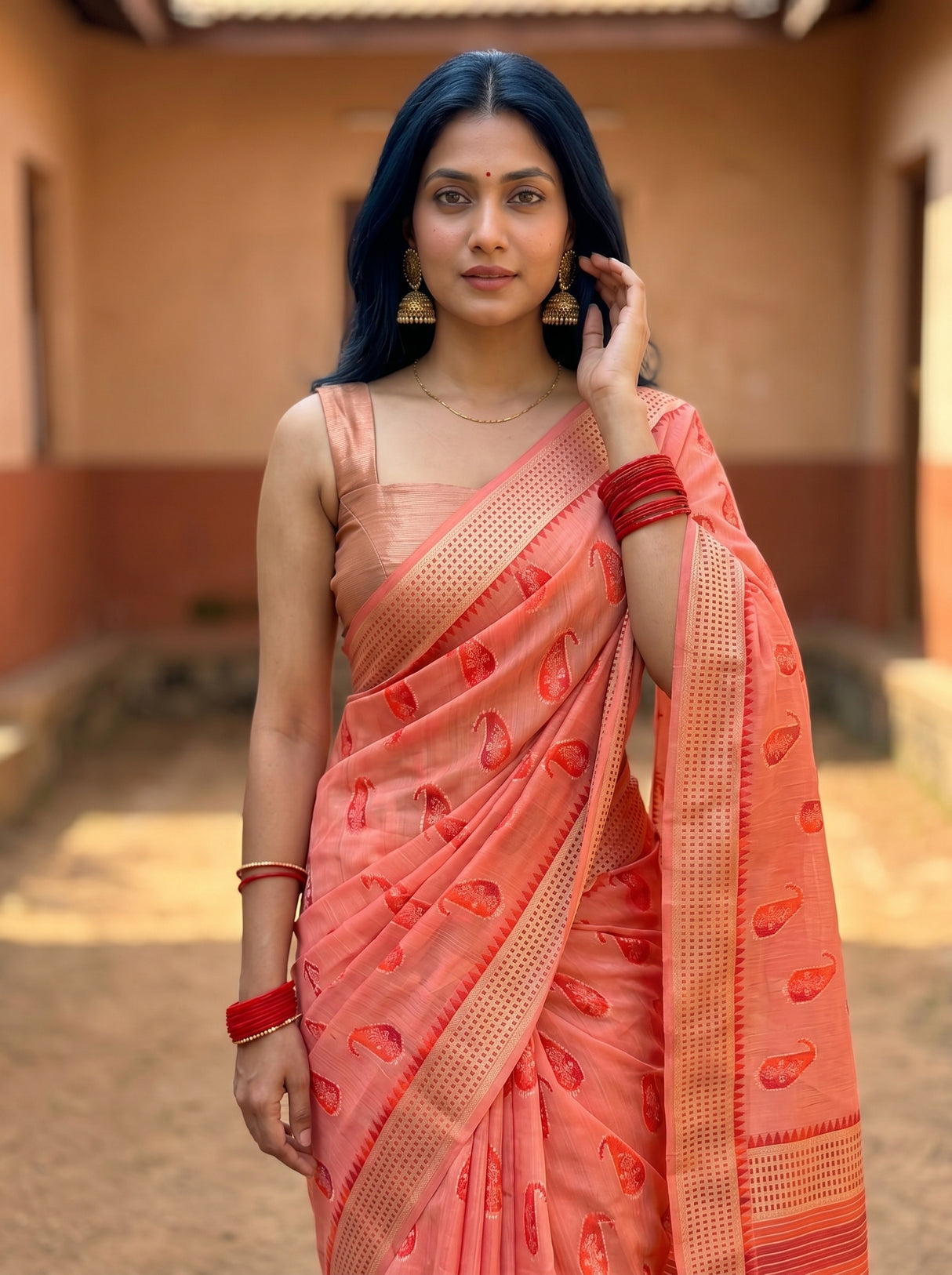 MIMOSA Gajari Banarasi Linen Saree β pose 10 styling detail
