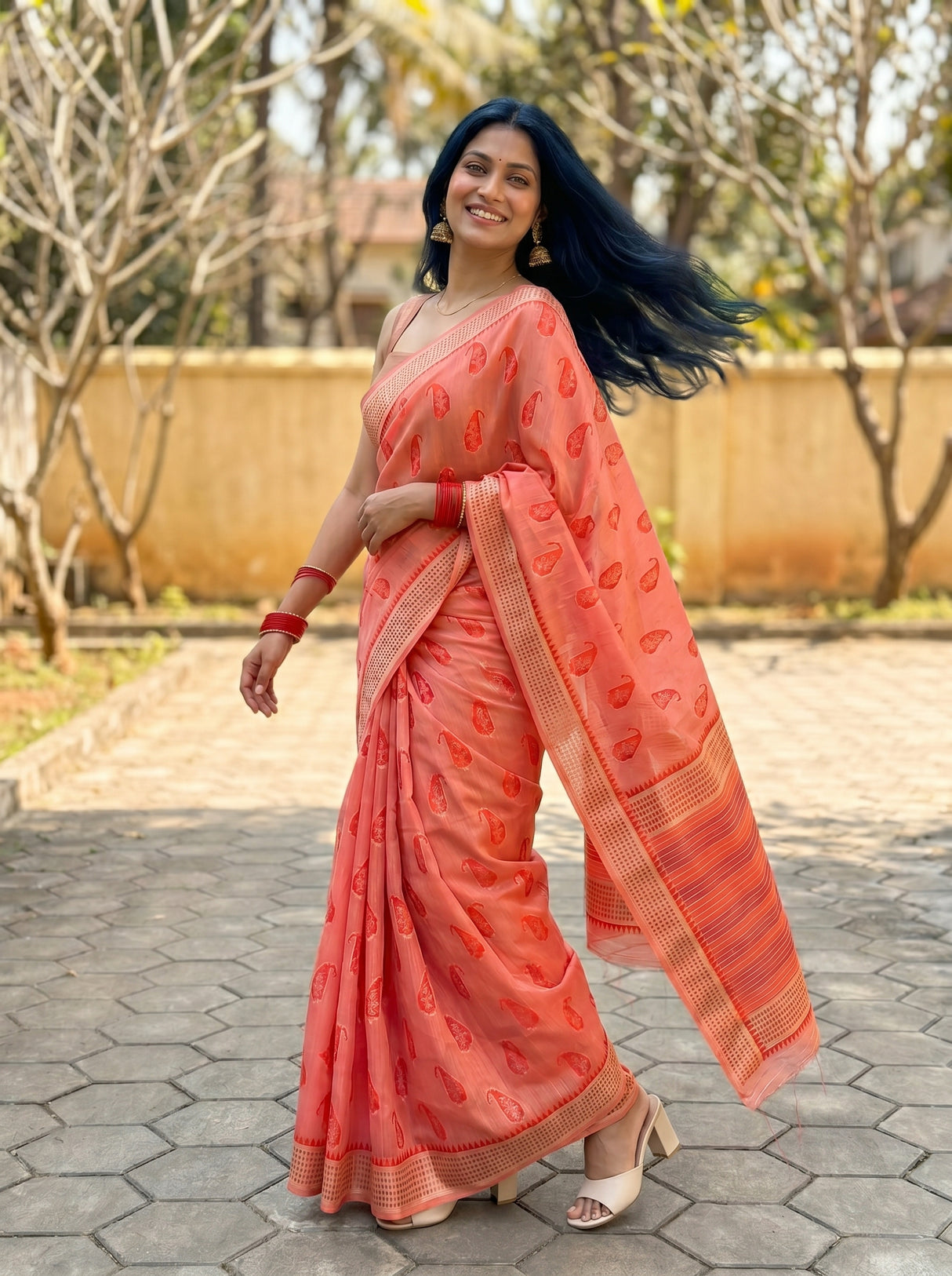 MIMOSA Gajari Banarasi Linen Saree β pose 5 styling detail