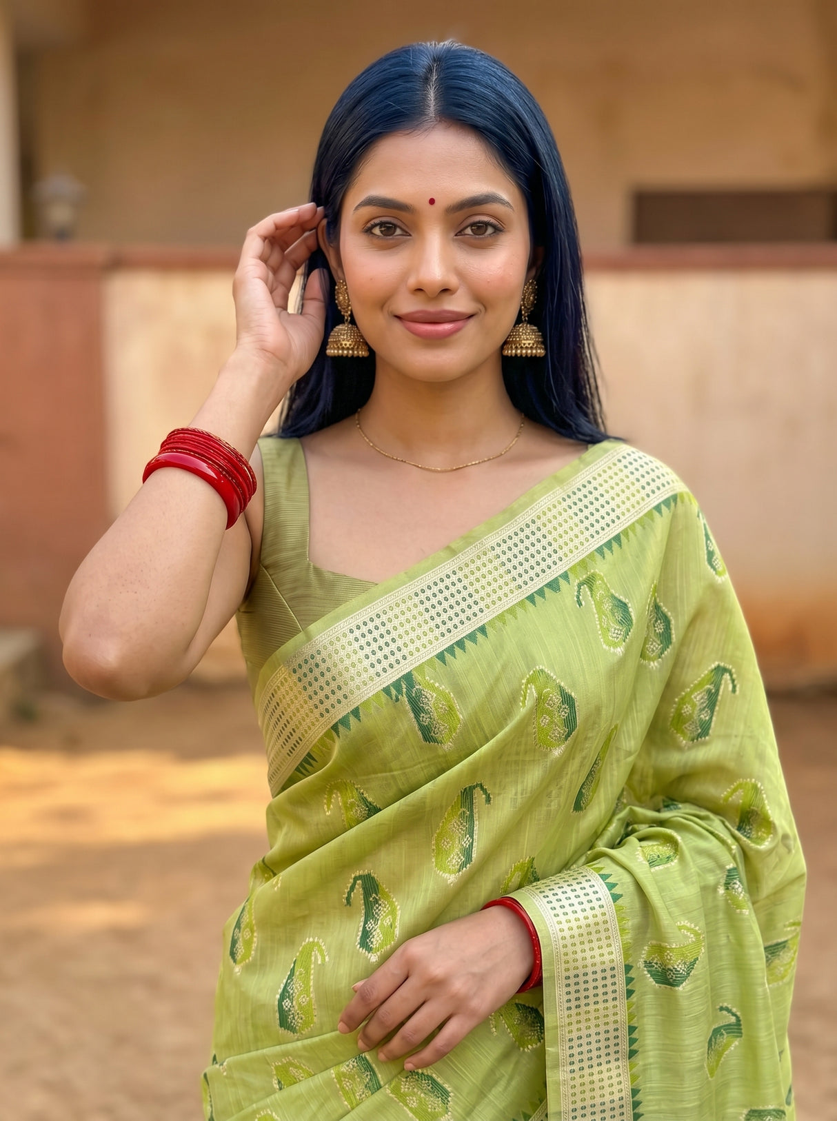 MIMOSA Olive Banarasi Linen Saree β pose 10 styling detail