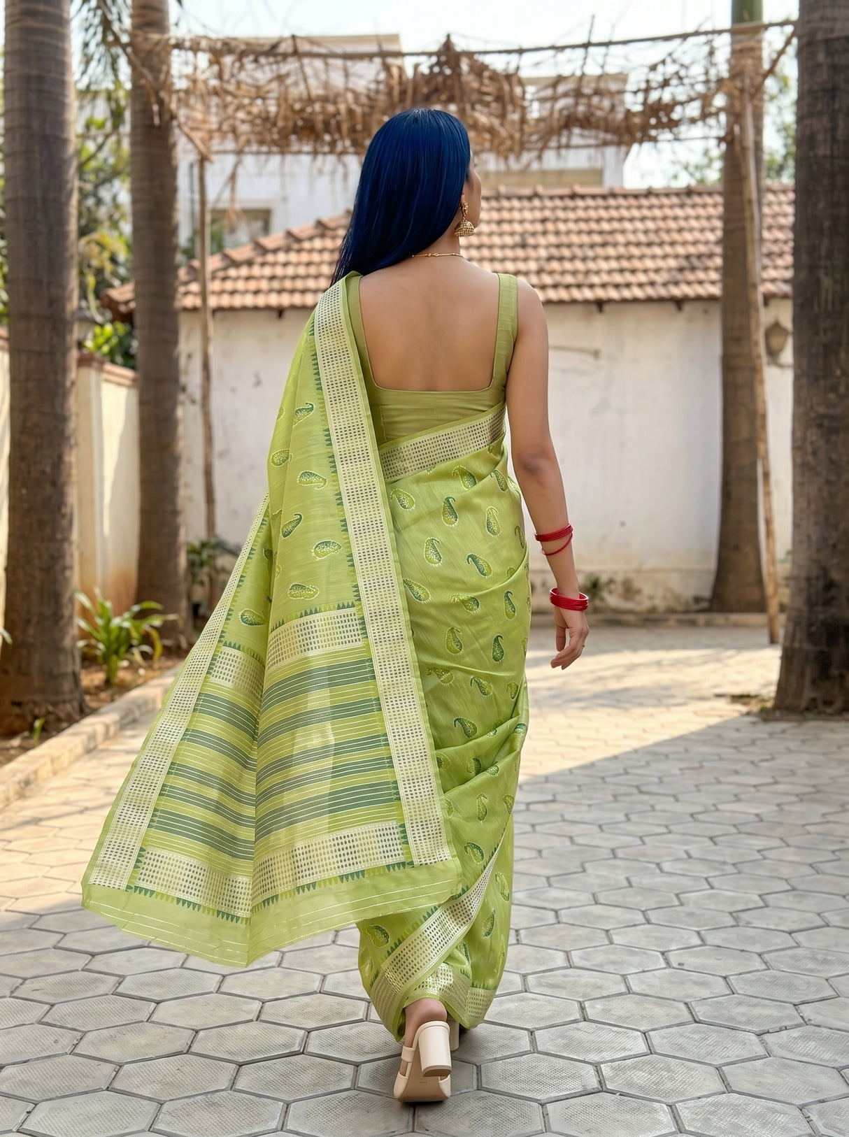 MIMOSA Olive Banarasi Linen Saree β pose 2 styling detail