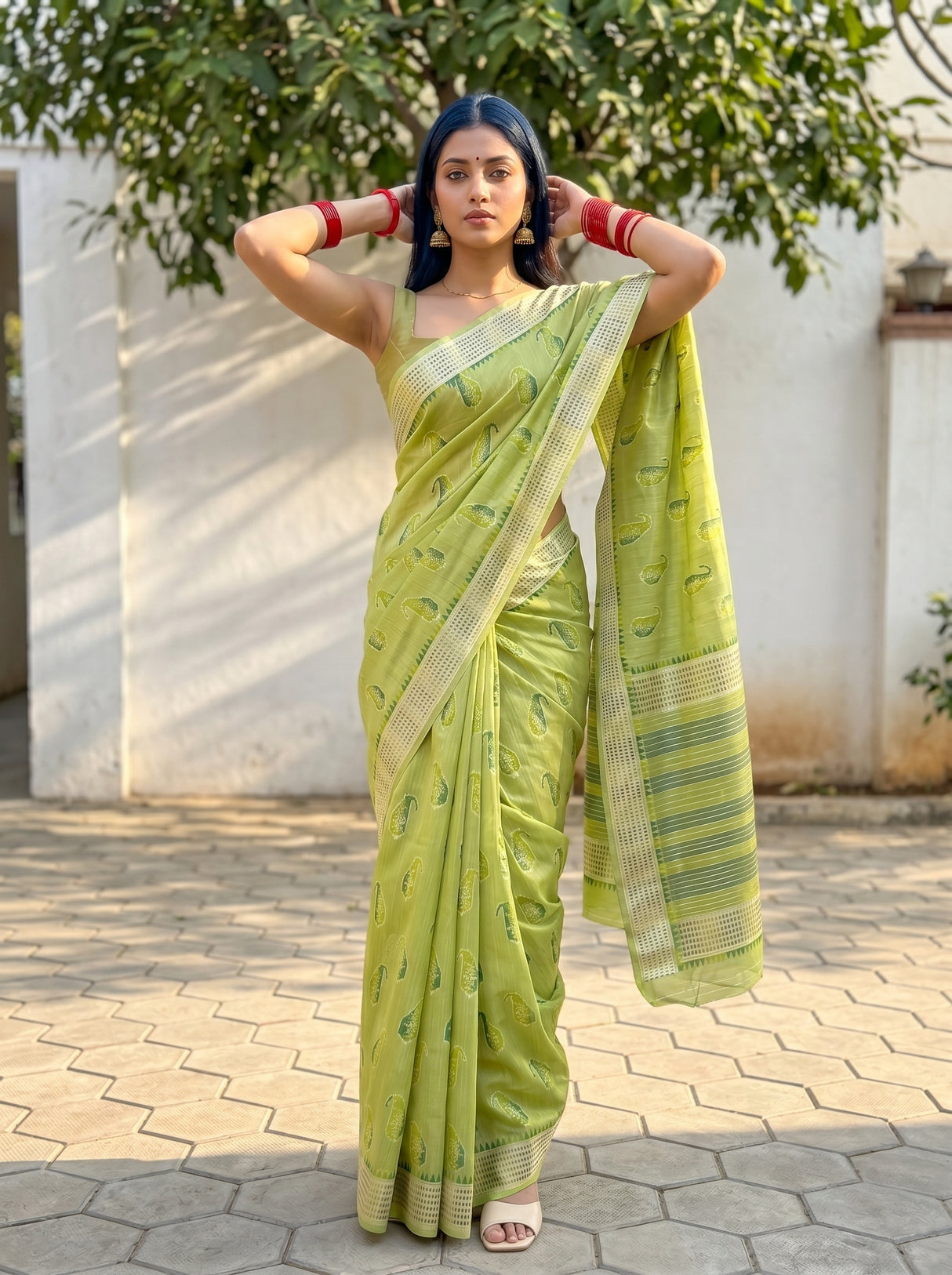 MIMOSA Olive Banarasi Linen Saree β pose 4 styling detail