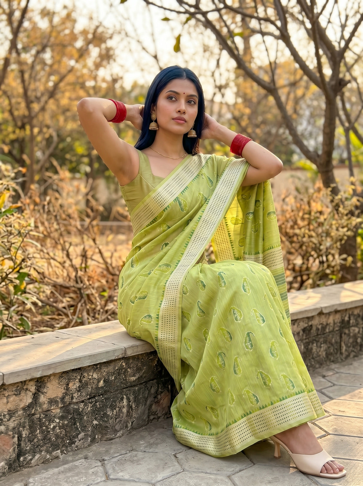 MIMOSA Olive Banarasi Linen Saree β pose 8 styling detail