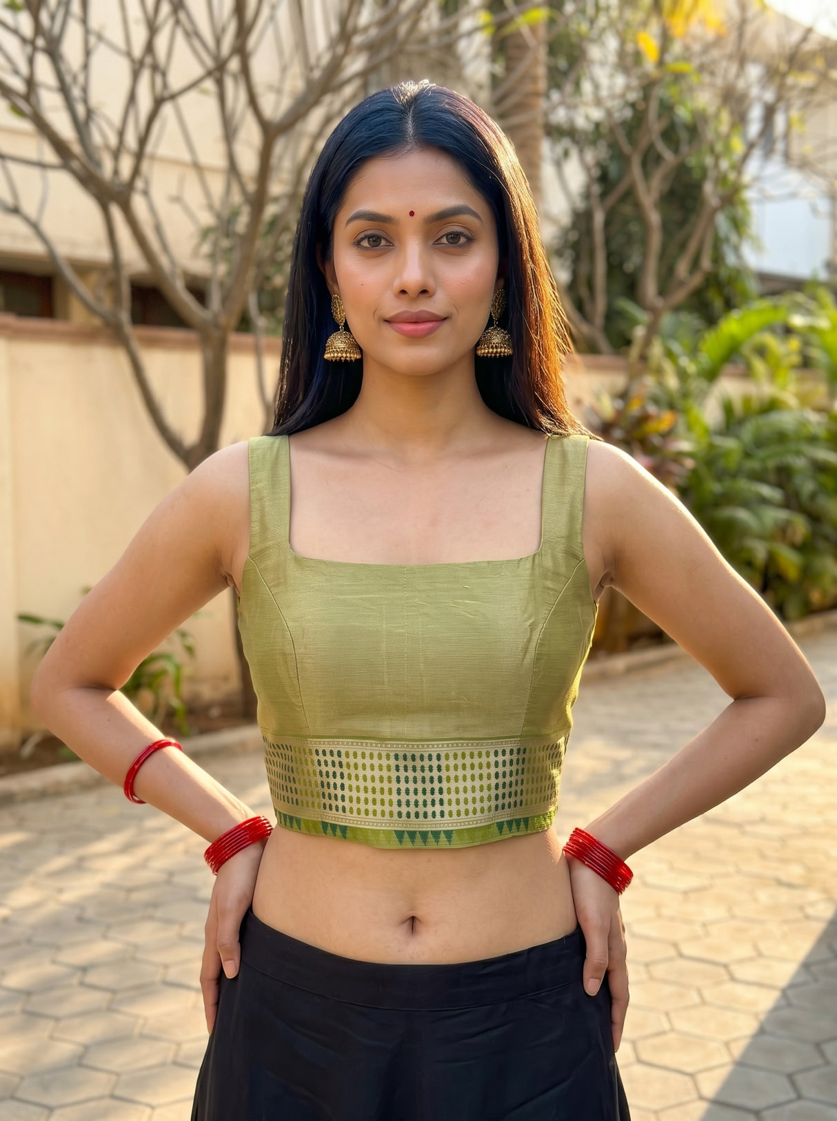 MIMOSA Olive Banarasi Linen Saree β blouse close-up