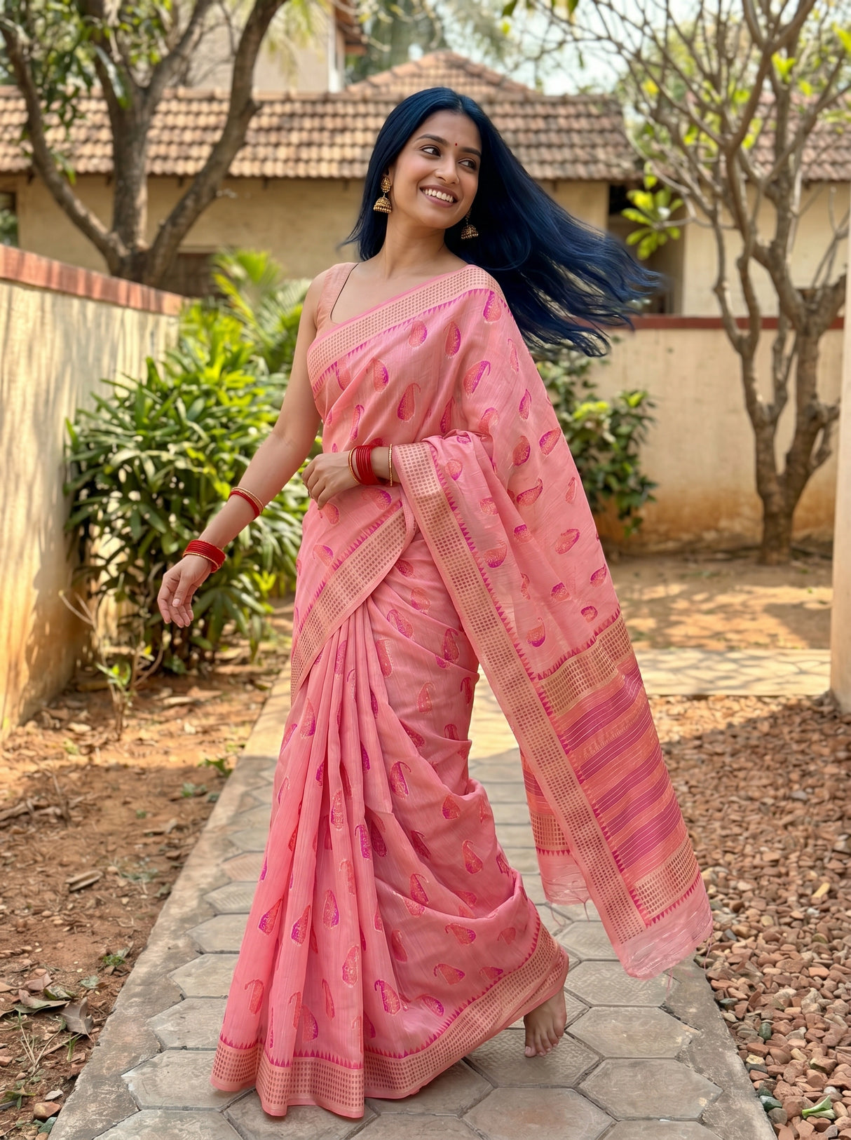 MIMOSA Pink Banarasi Linen Saree β pose 5 styling detail