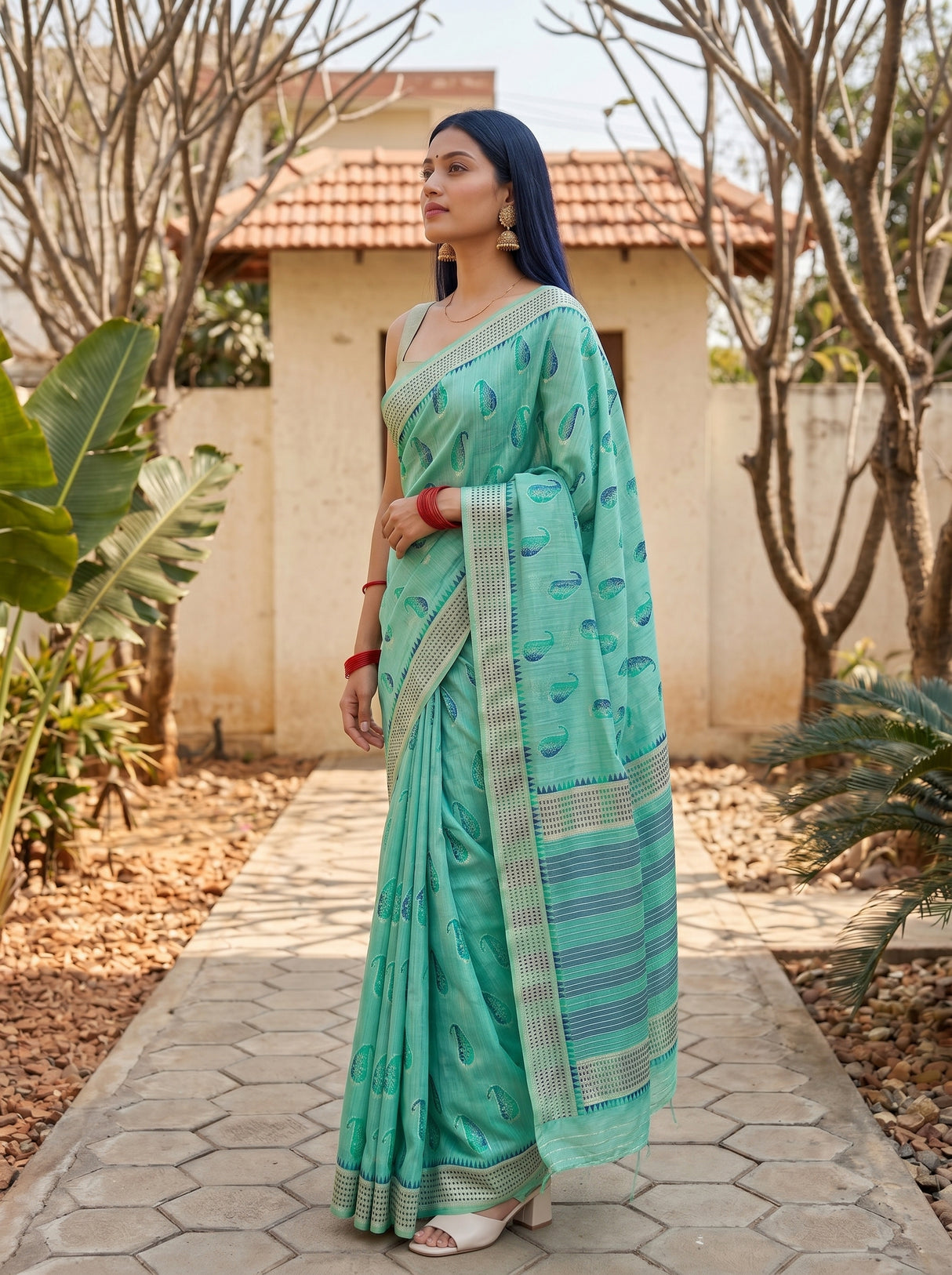 MIMOSA Rama Banarasi Linen Saree β pose 3 styling detail