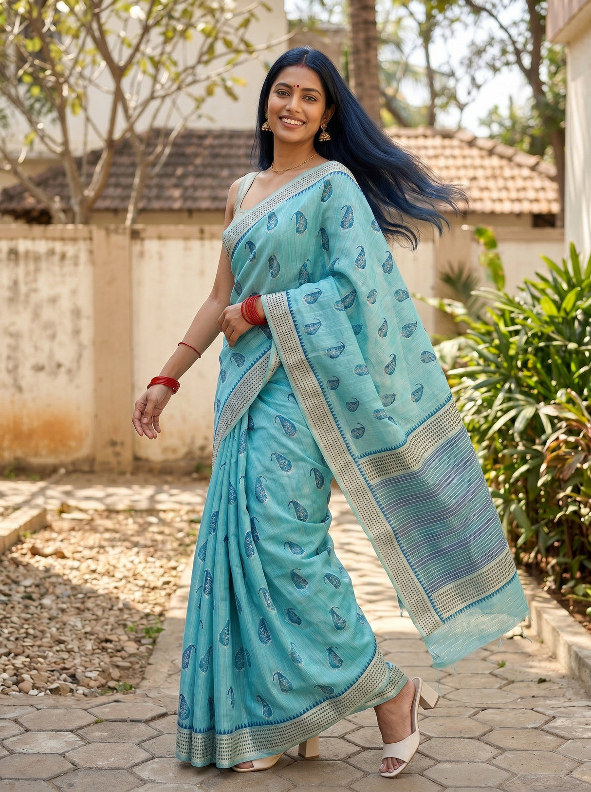 MIMOSA Sapphire Banarasi Linen Saree β pose 5 styling detail