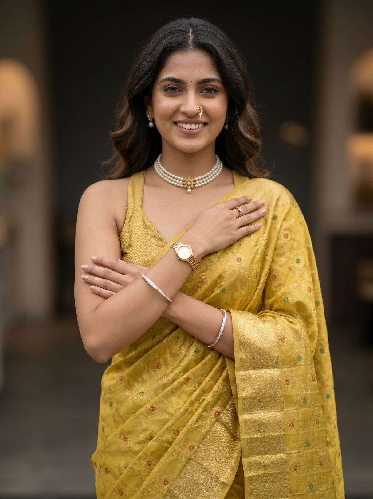 MIMOSA Gold Banarasi Saree — pose 10 styling detail