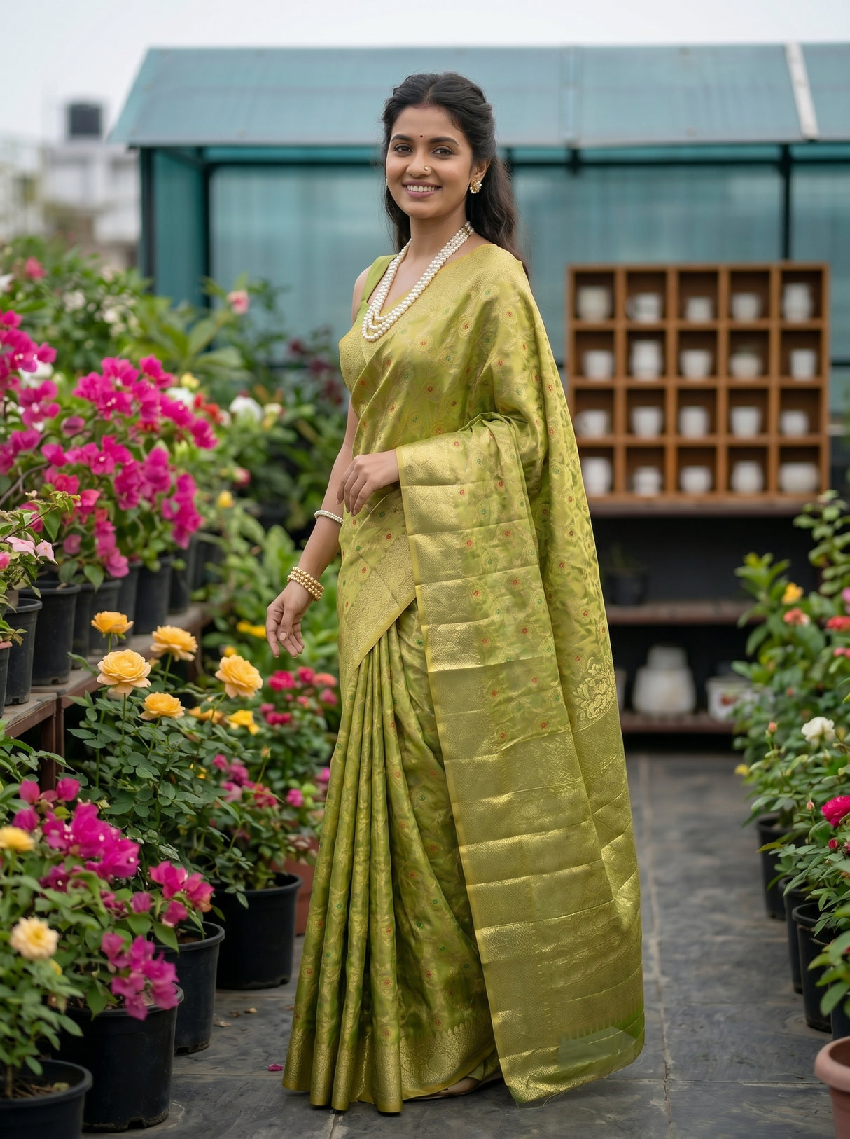 MIMOSA Olive Banarasi Saree — pose 5 styling detail