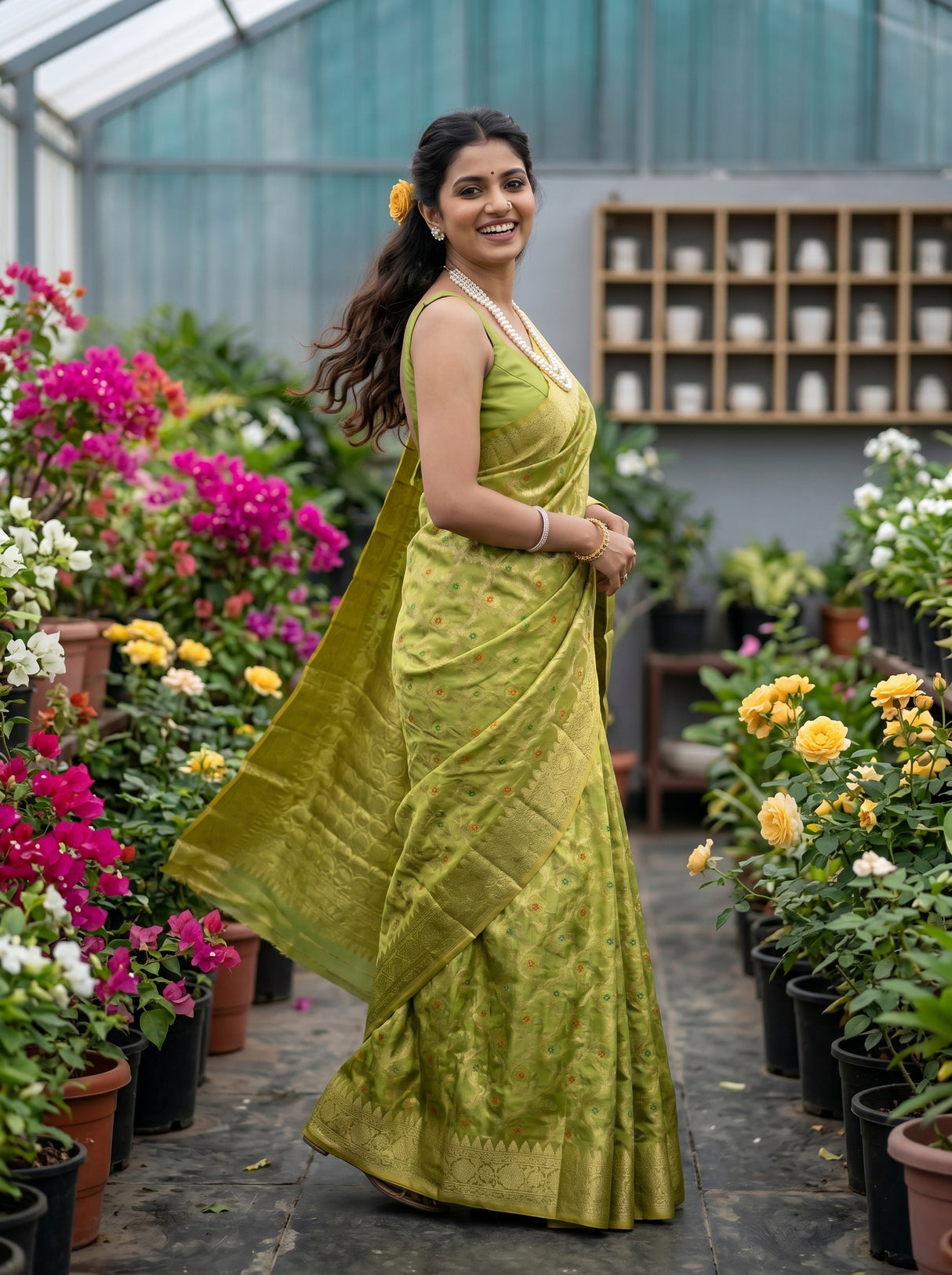 MIMOSA Olive Banarasi Saree — pose 9 styling detail