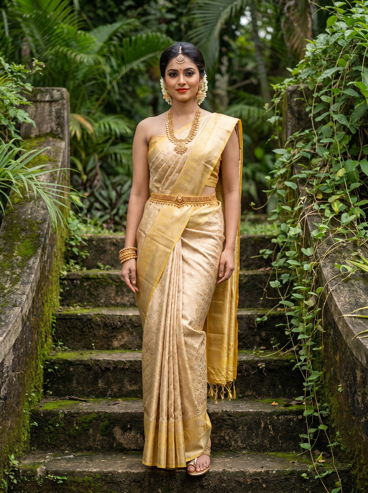 MIMOSA Mustard Kanjivaram Art Silk Saree β Close-up on Face