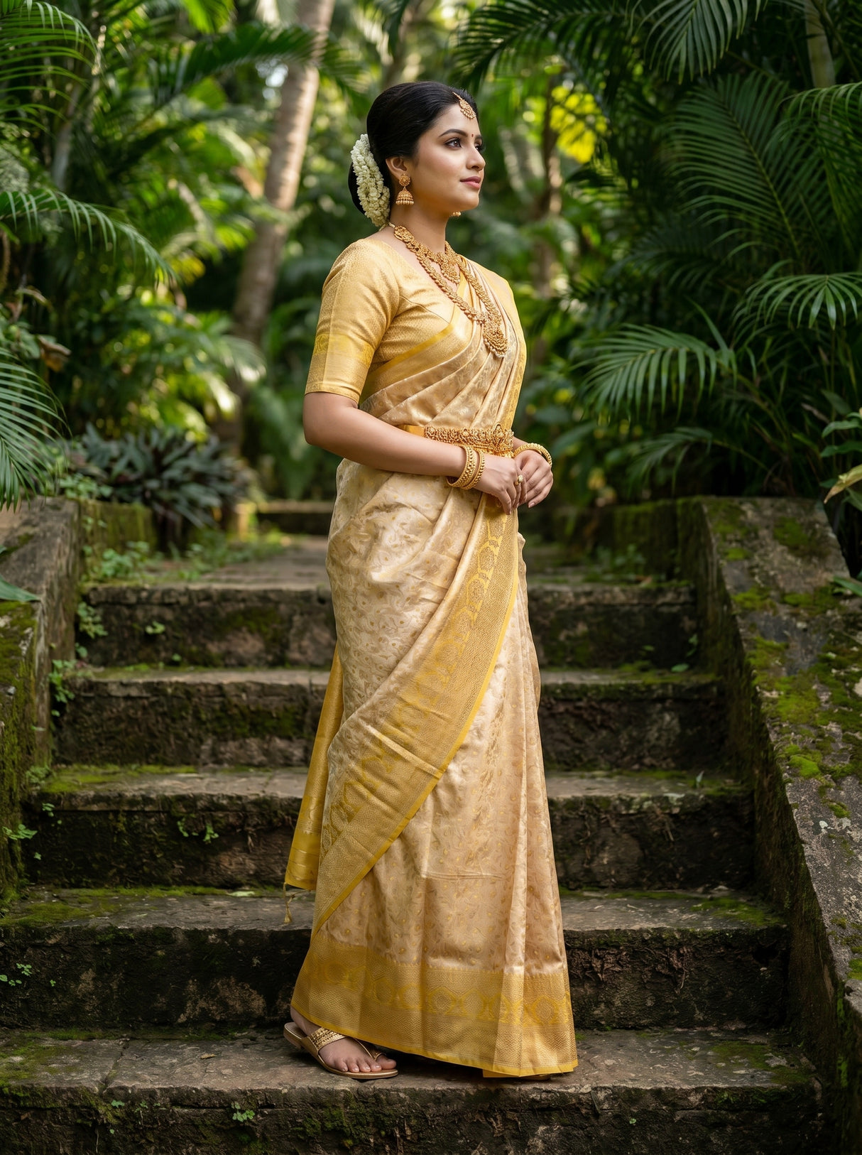 MIMOSA Mustard Kanjivaram Art Silk Saree β Bodice and Jewellery Detail