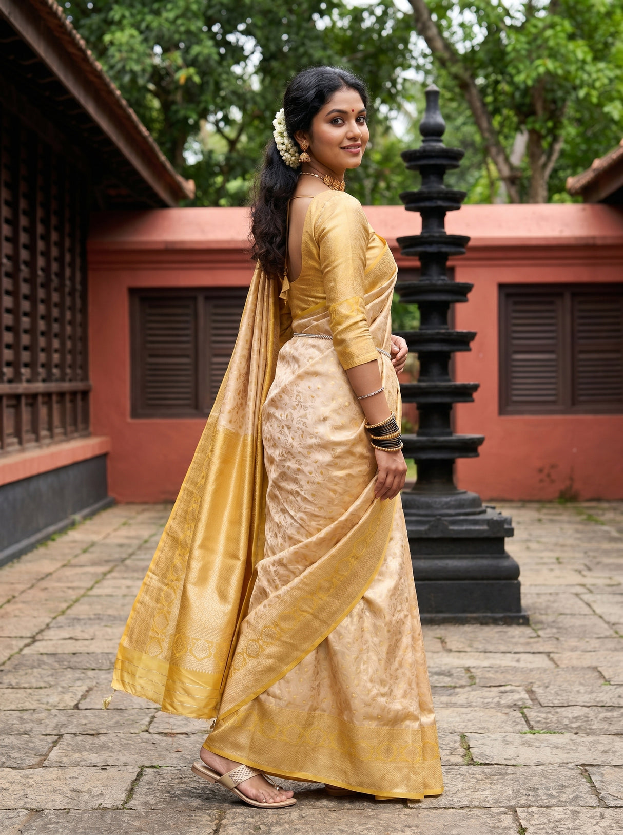 MIMOSA Mustard Kanjivaram Art Silk Saree β Lower Drape Detail