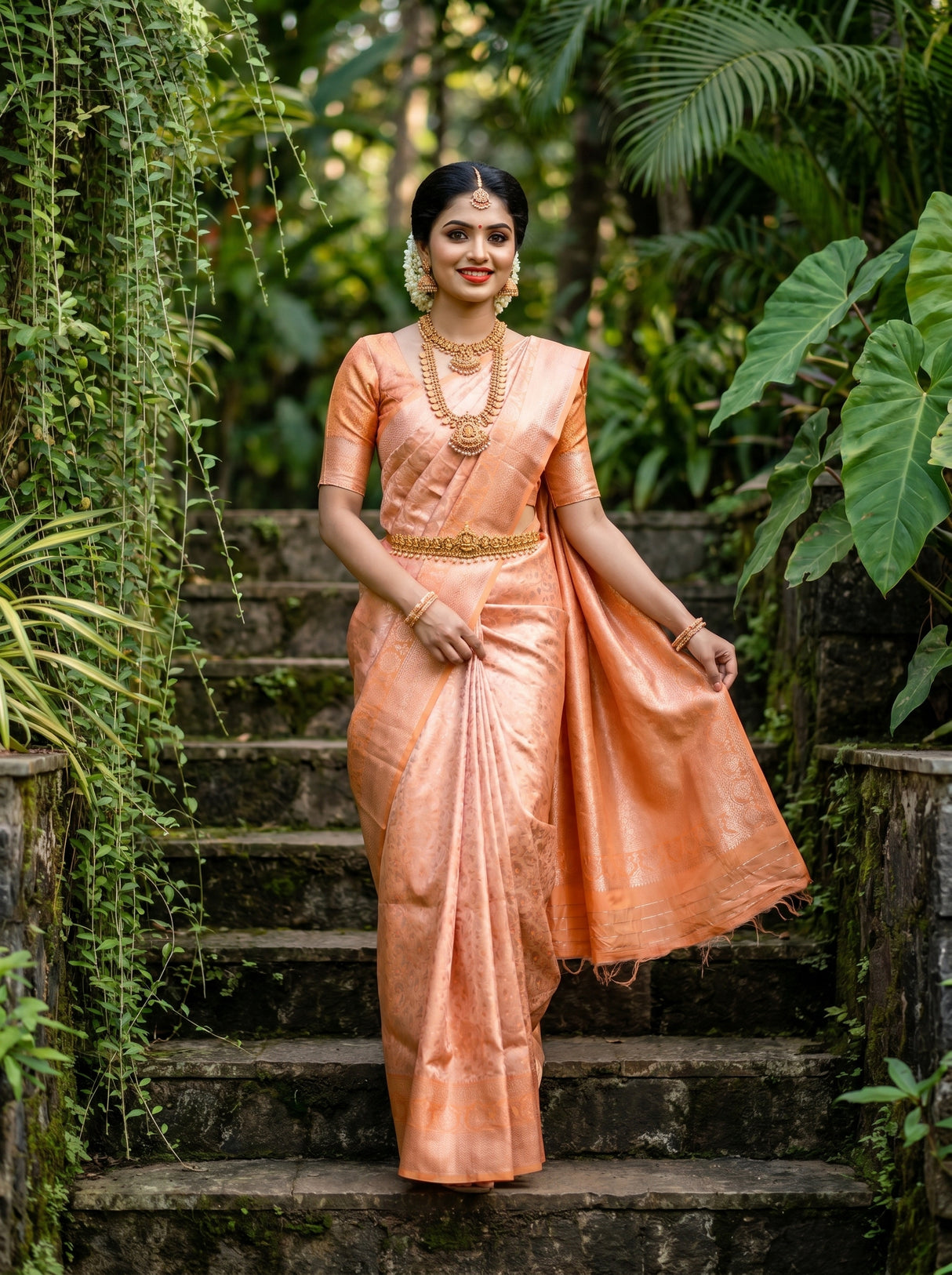 MIMOSA Peach Kanjivaram Art Silk Saree β Bodice and Jewellery Detail