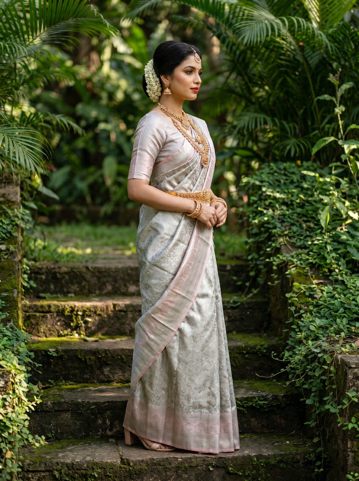 MIMOSA Pink Kanjivaram Art Silk Saree β Bodice and Jewellery Detail