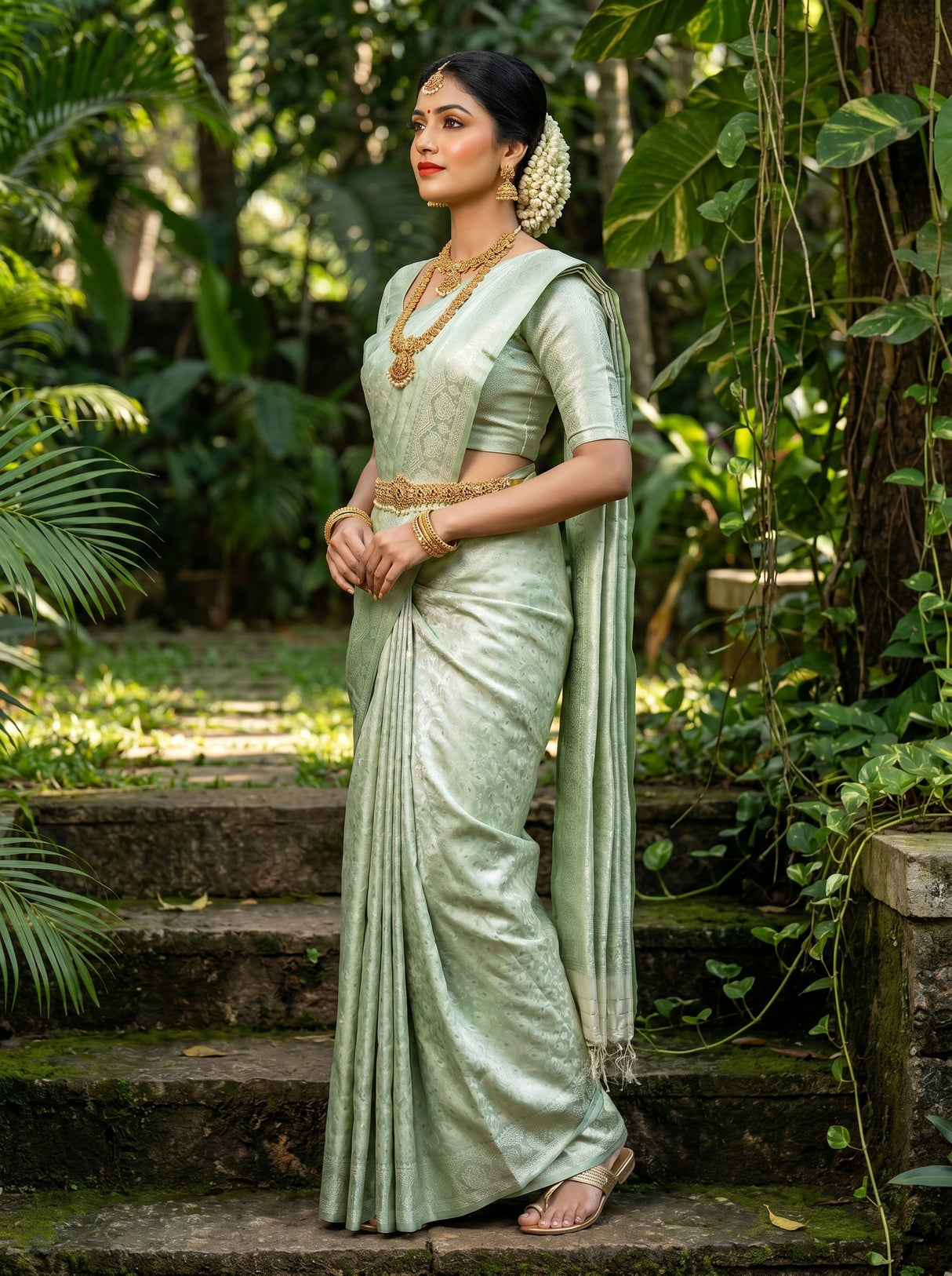 MIMOSA Pista Kanjivaram Art Silk Saree β Close-up on Face