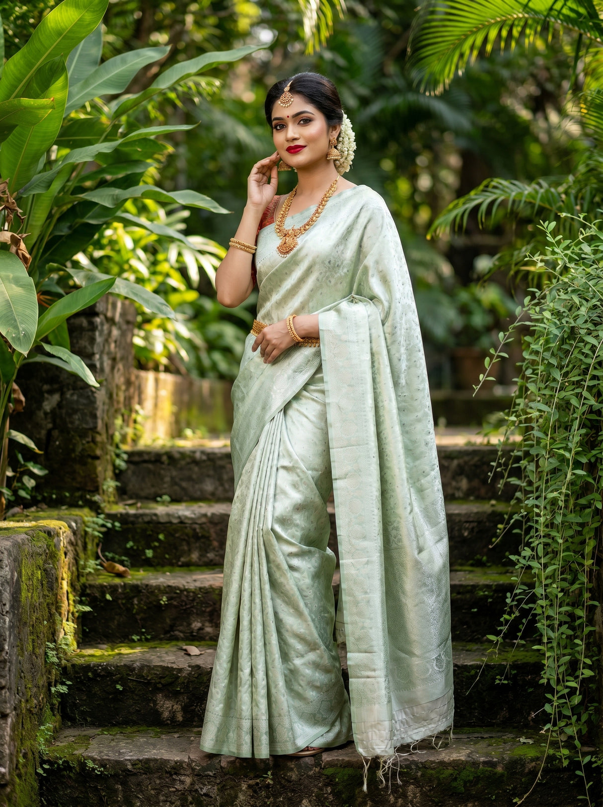 MIMOSA Pista Kanjivaram Art Silk Saree β Bodice and Jewellery Detail