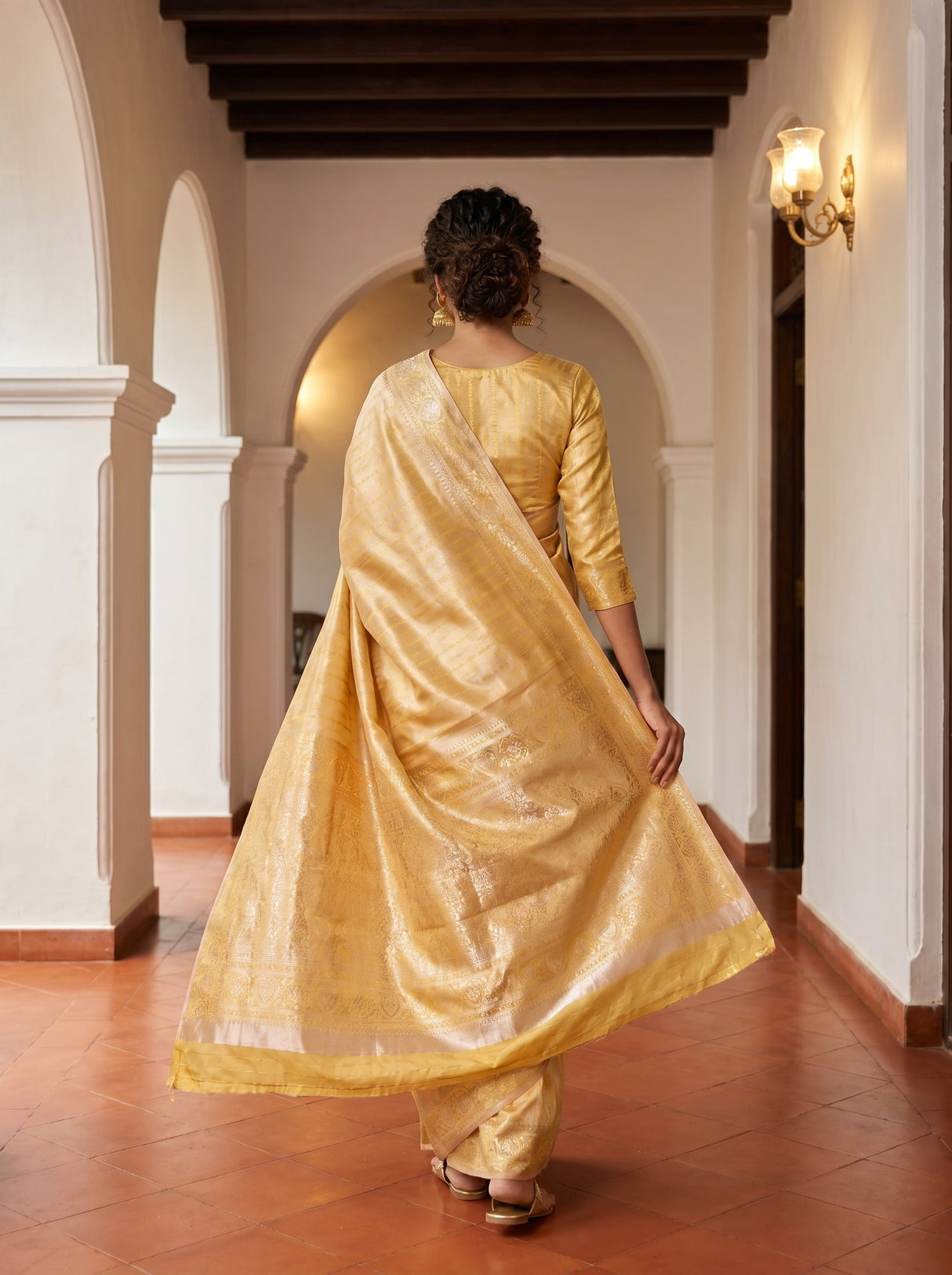 MIMOSA Mustard Kanjivaram Art Silk Saree β close-up of face and shoulder