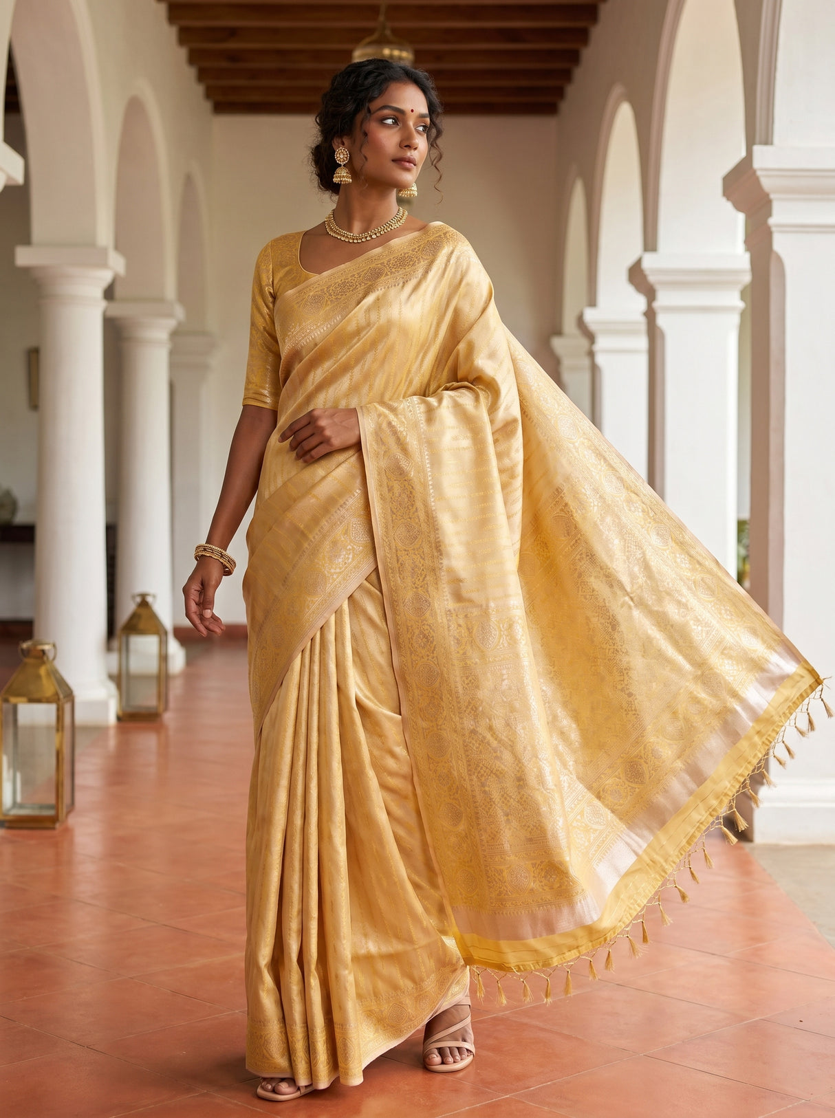 MIMOSA Mustard Kanjivaram Art Silk Saree β close-up of hands and bangles