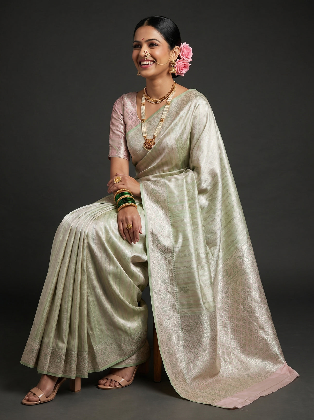 MIMOSA Pink Kanjivaram Art Silk Saree β view of saree drape and pallu