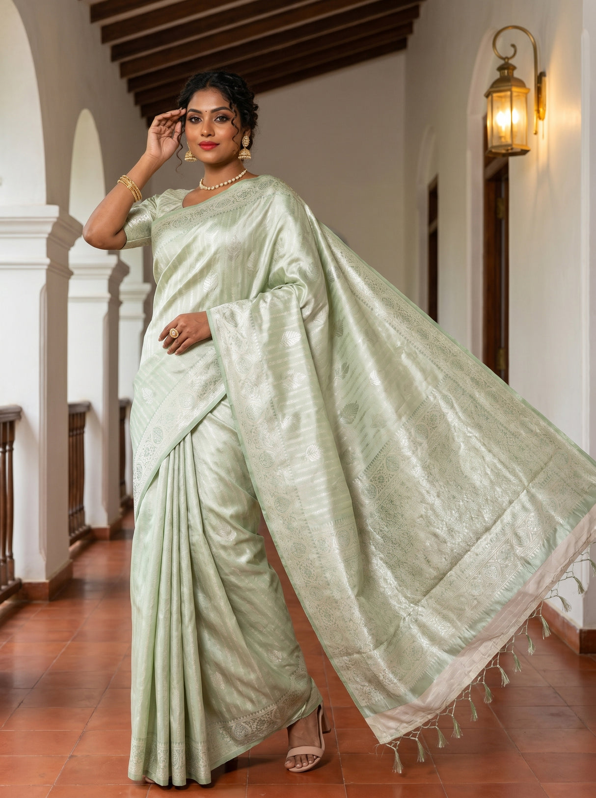 MIMOSA Pista Kanjivaram Art Silk Saree β close-up of hands and bangles