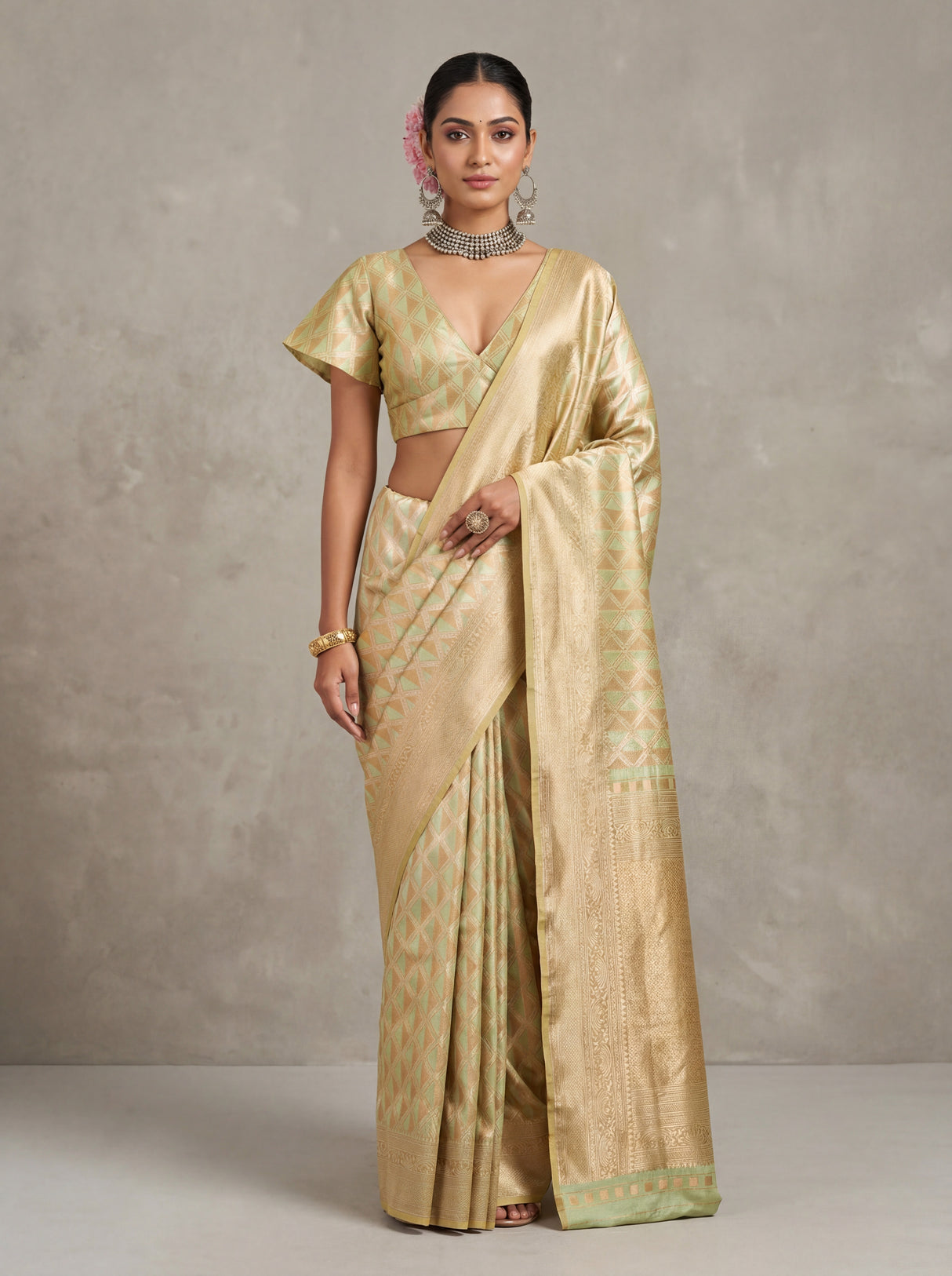 MIMOSA Olive Kanjivaram Art Silk Saree — Full View
