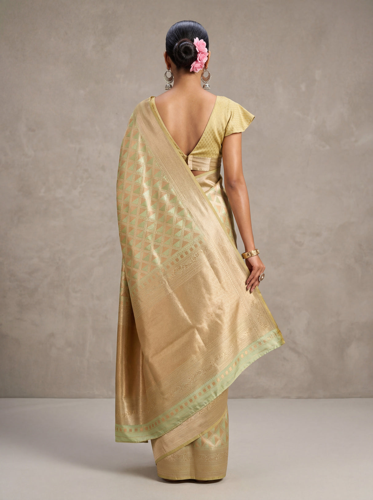 MIMOSA Olive Kanjivaram Art Silk Saree — pose 6 styling detail