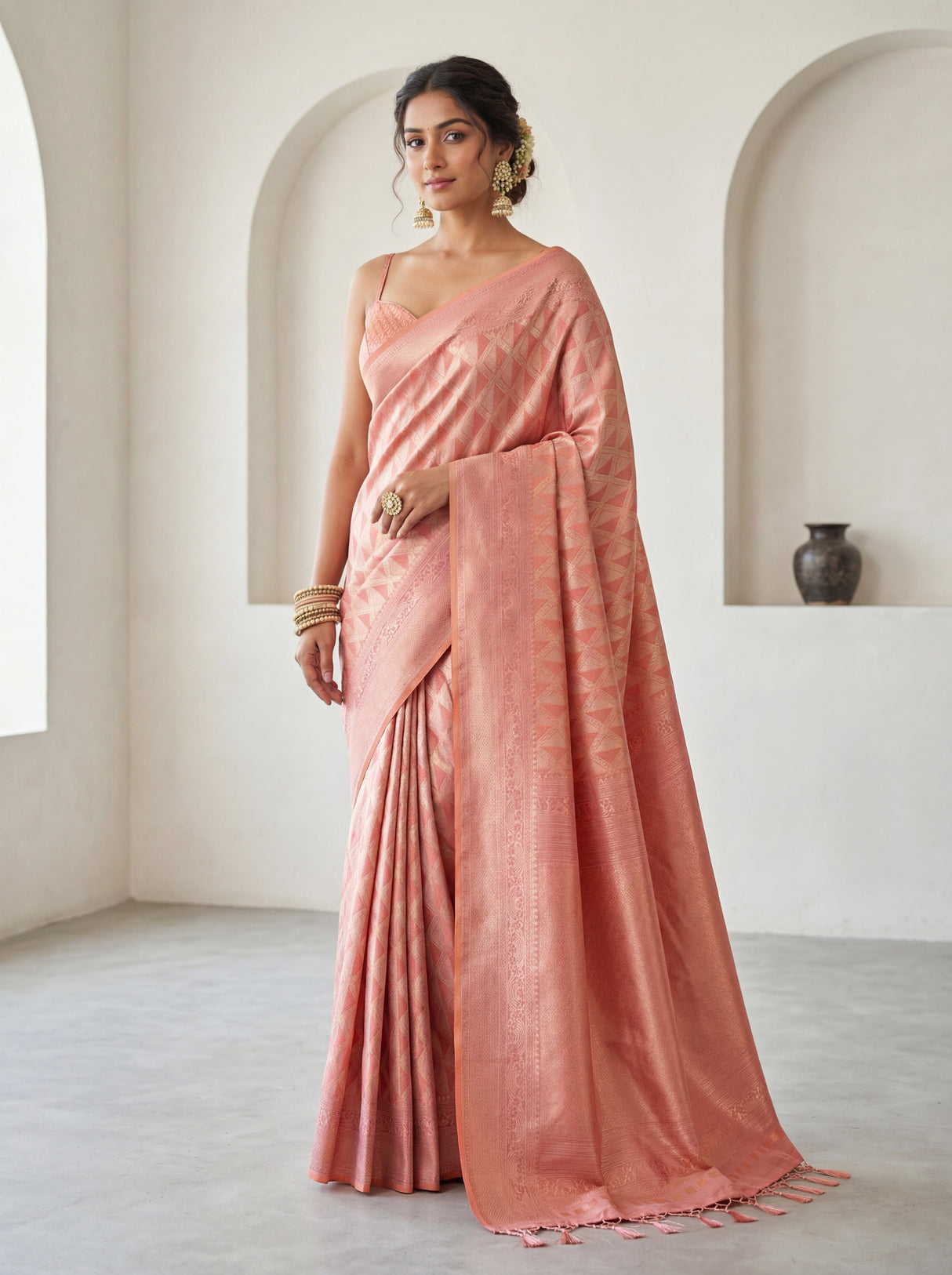MIMOSA Pink Kanjivaram Art Silk Saree — Body and Border Detail