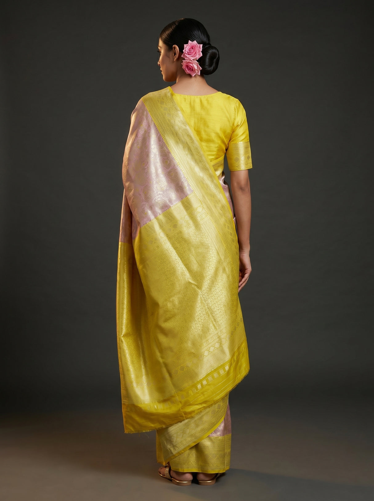 MIMOSA Grey Kanjivaram Art Silk Saree β Close up of face and pallu