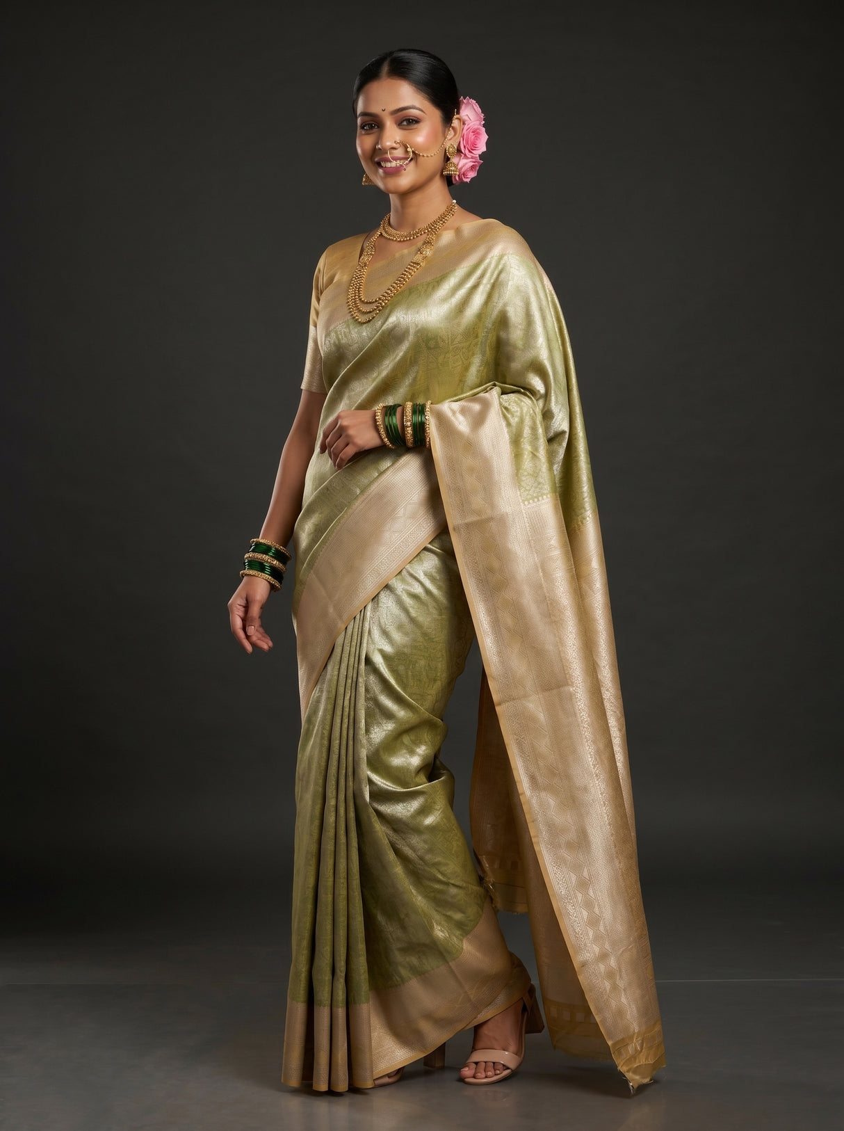 MIMOSA Olive Kanjivaram Art Silk Saree β Full View