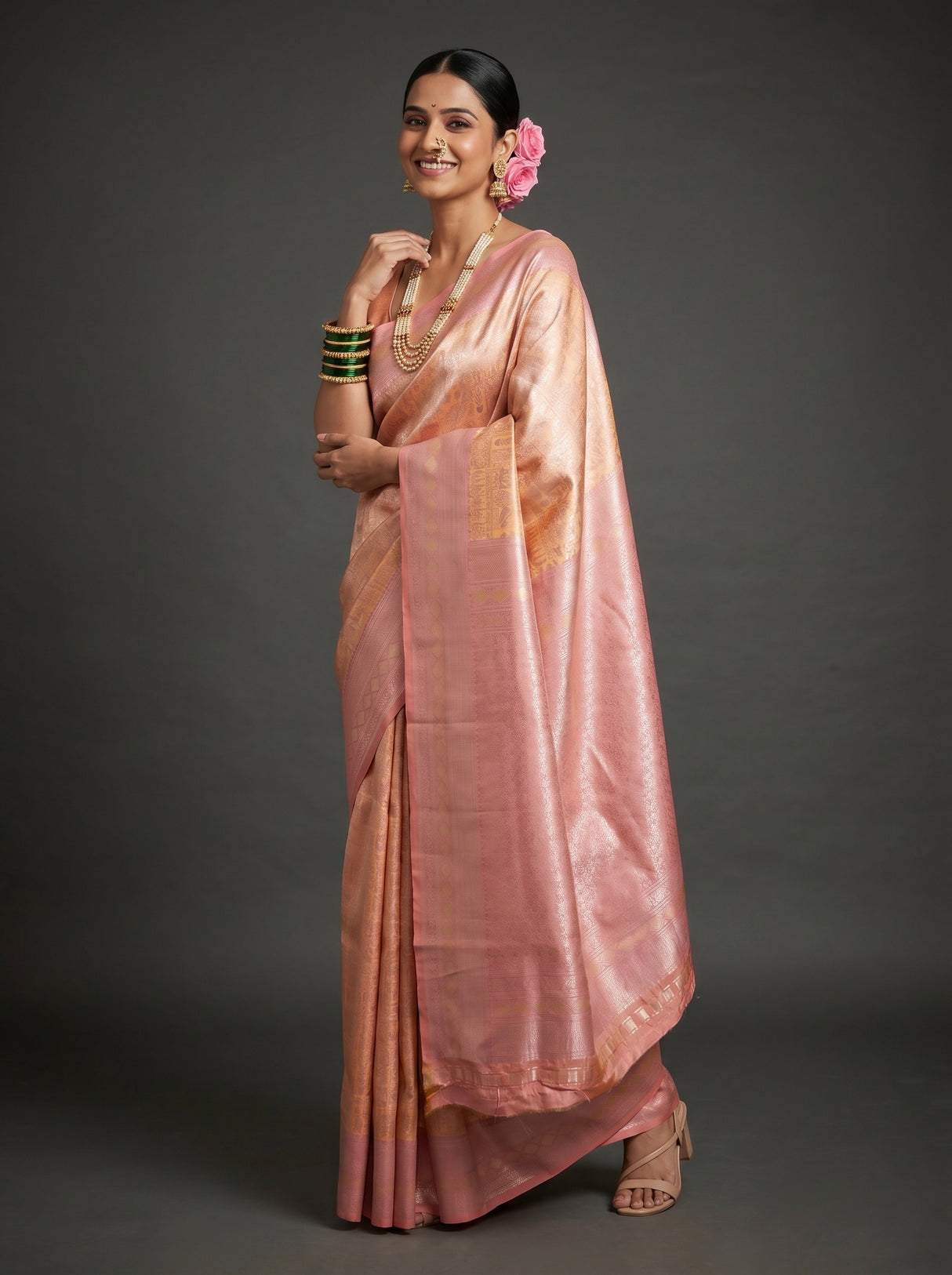 MIMOSA Peach Kanjivaram Art Silk Saree β Detail of border and blouse