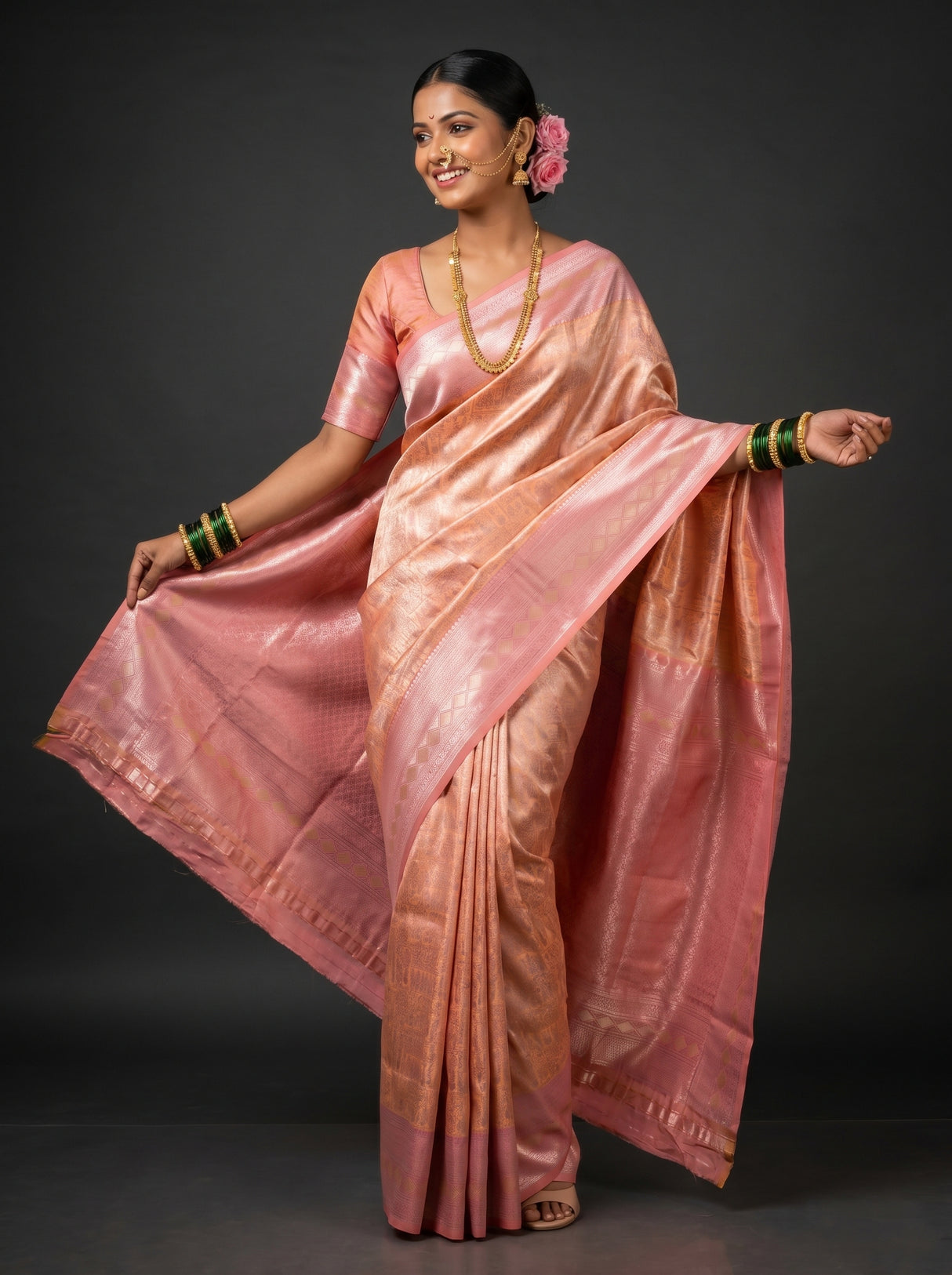 MIMOSA Peach Kanjivaram Art Silk Saree β Fabric and pleats view