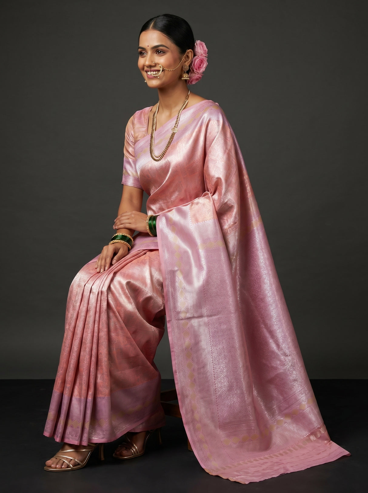 MIMOSA Pink Kanjivaram Art Silk Saree β Fabric and pleats view