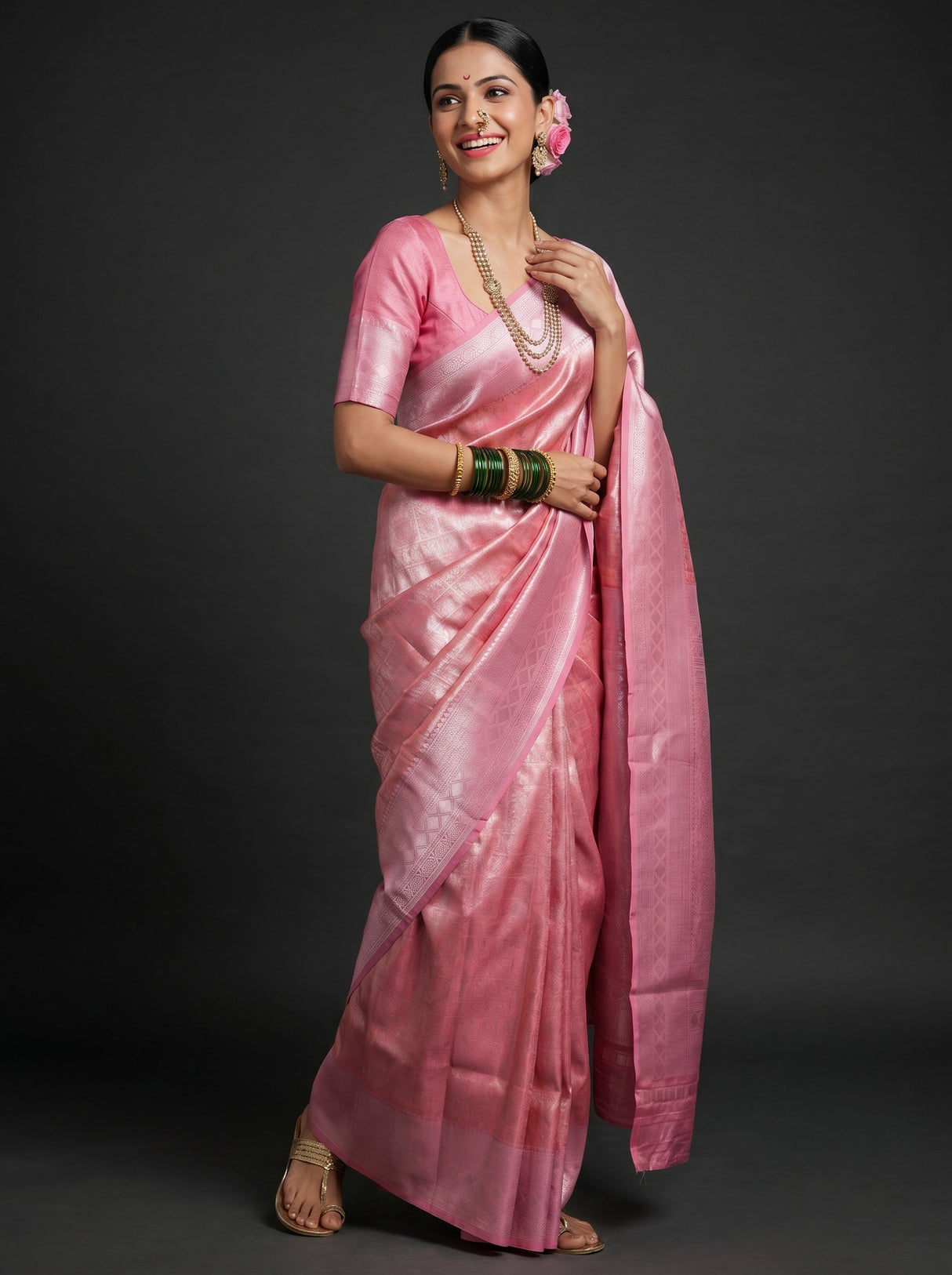 MIMOSA Strawberry Kanjivaram Art Silk Saree β Close up of face and pallu