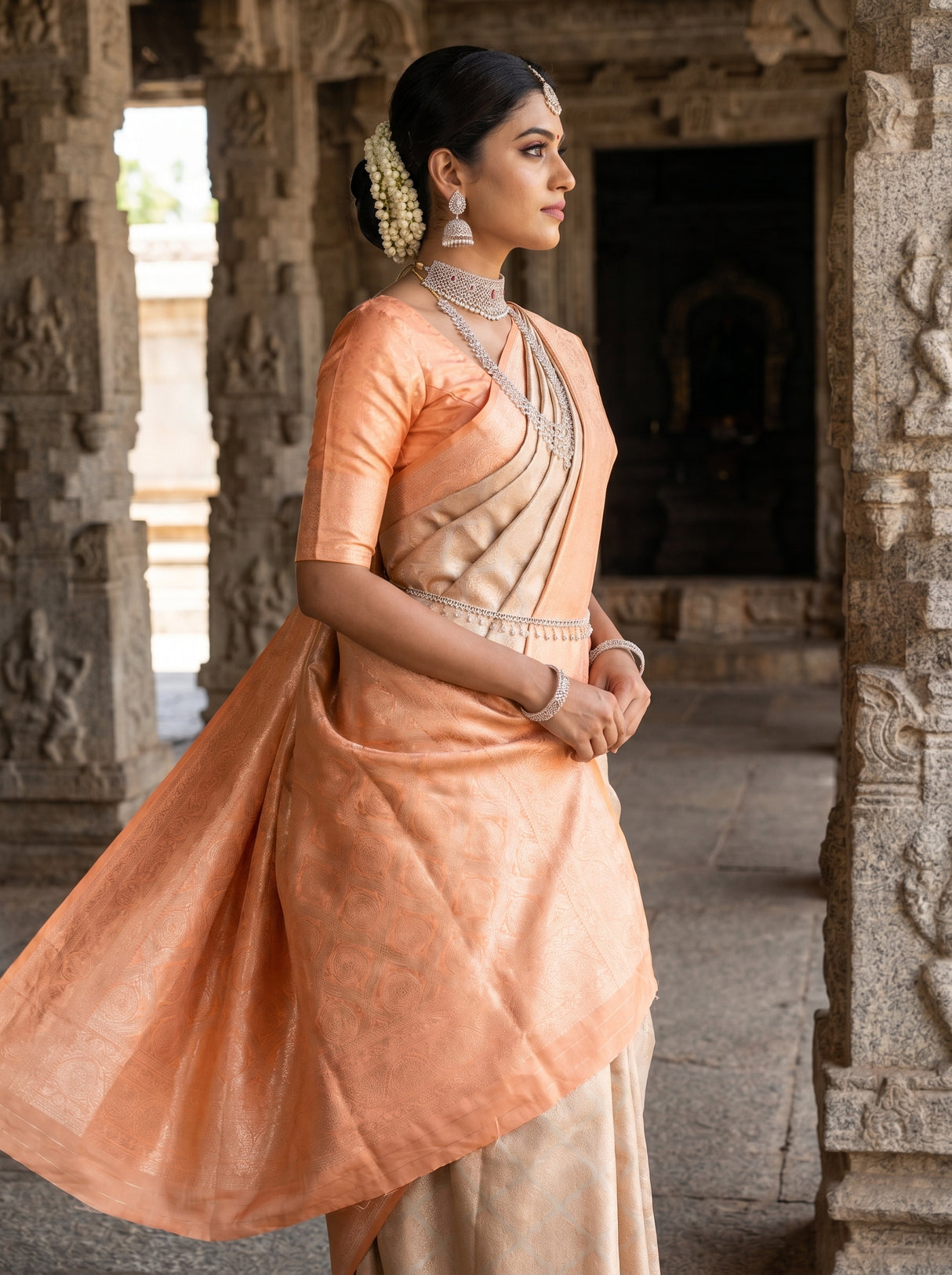 MIMOSA Chikoo Kanjivaram Art Silk Saree — Side View of Saree Drape