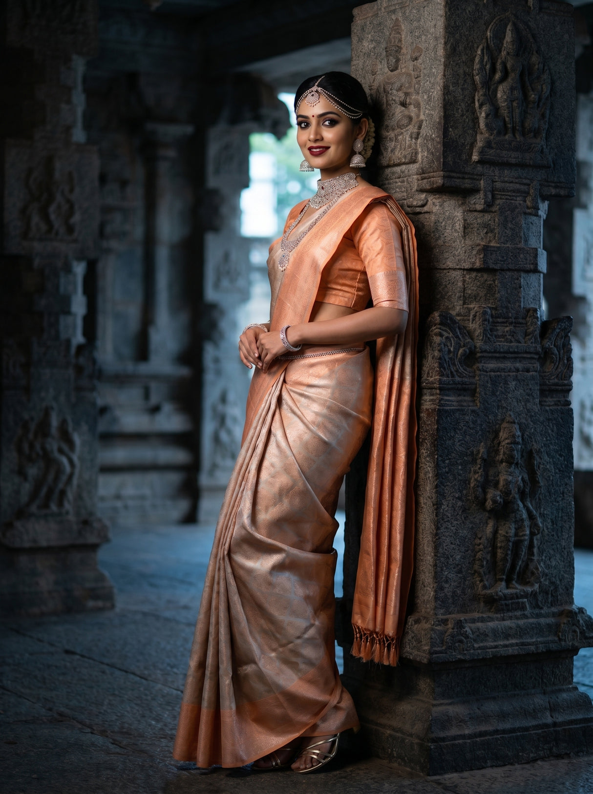 MIMOSA Chikoo Kanjivaram Art Silk Saree — Mid-section showing pleats