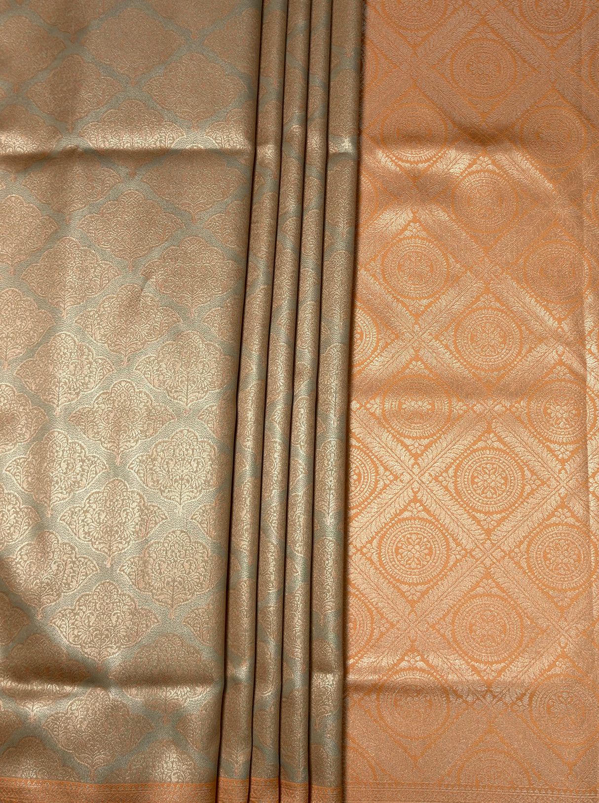 MIMOSA Chikoo Kanjivaram Art Silk Saree — Full view of lower drape and footwear