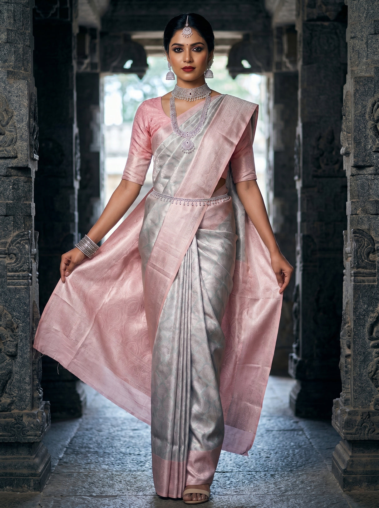 MIMOSA Grey Kanjivaram Art Silk Saree — Close-up of Saree Body and Pallu