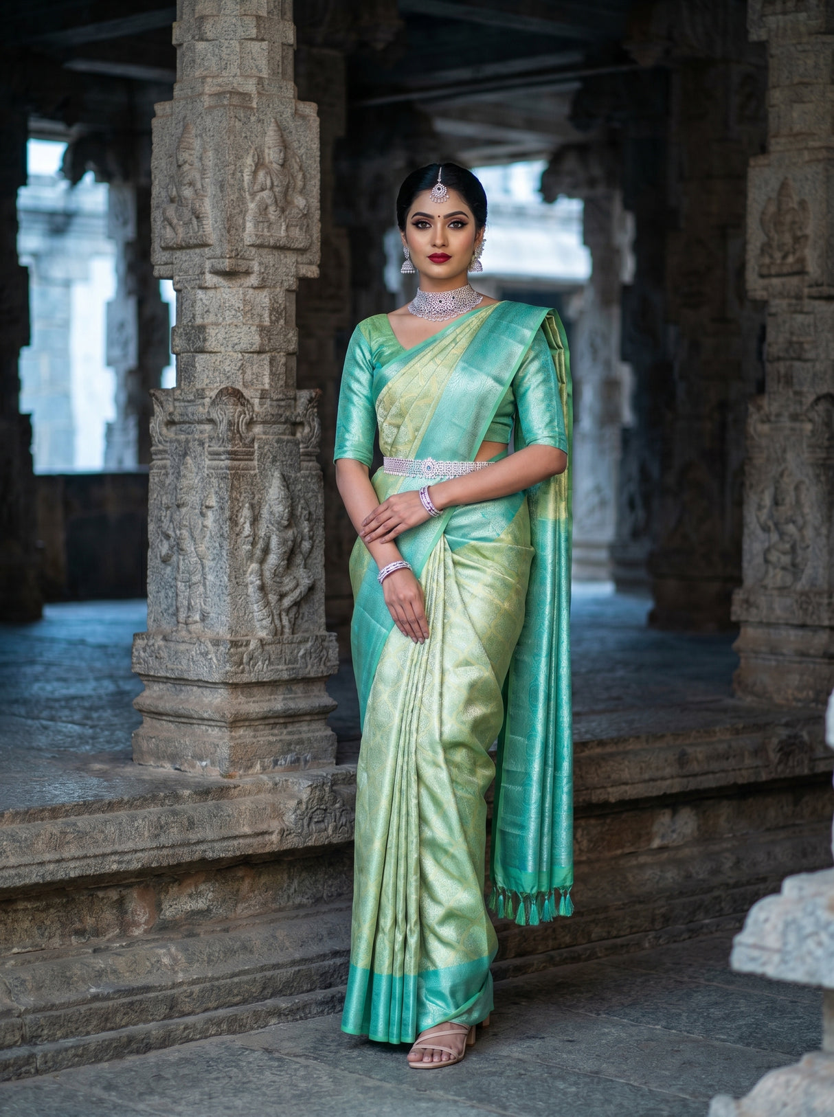 MIMOSA Olive Kanjivaram Art Silk Saree — Full View