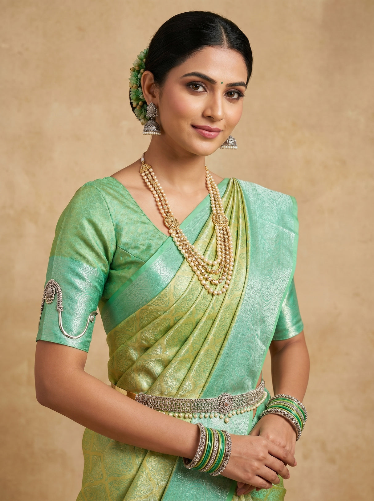 MIMOSA Olive Kanjivaram Art Silk Saree — Mid-section showing pleats