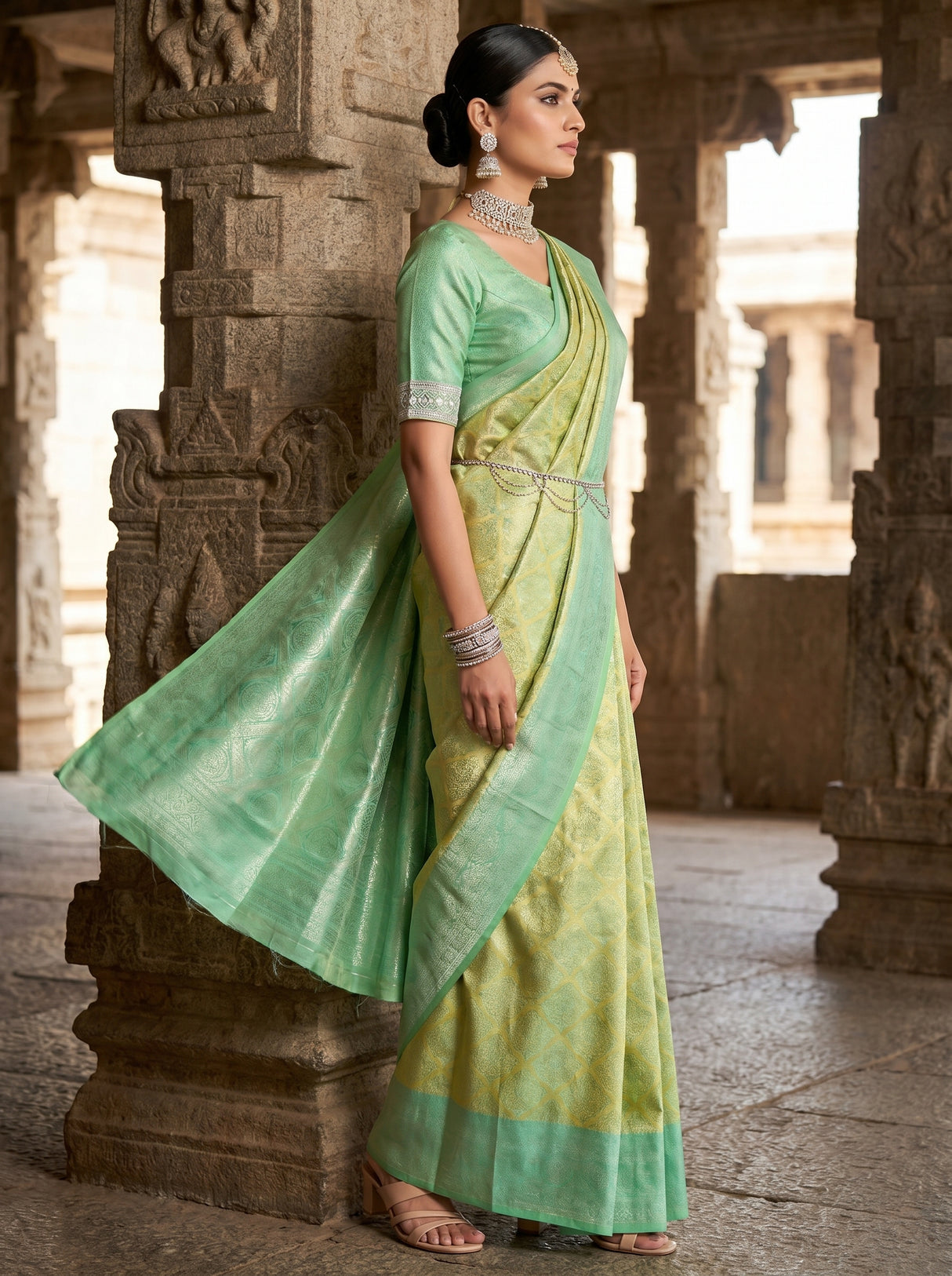 MIMOSA Olive Kanjivaram Art Silk Saree — Close-up of Model's Face and Jewelry
