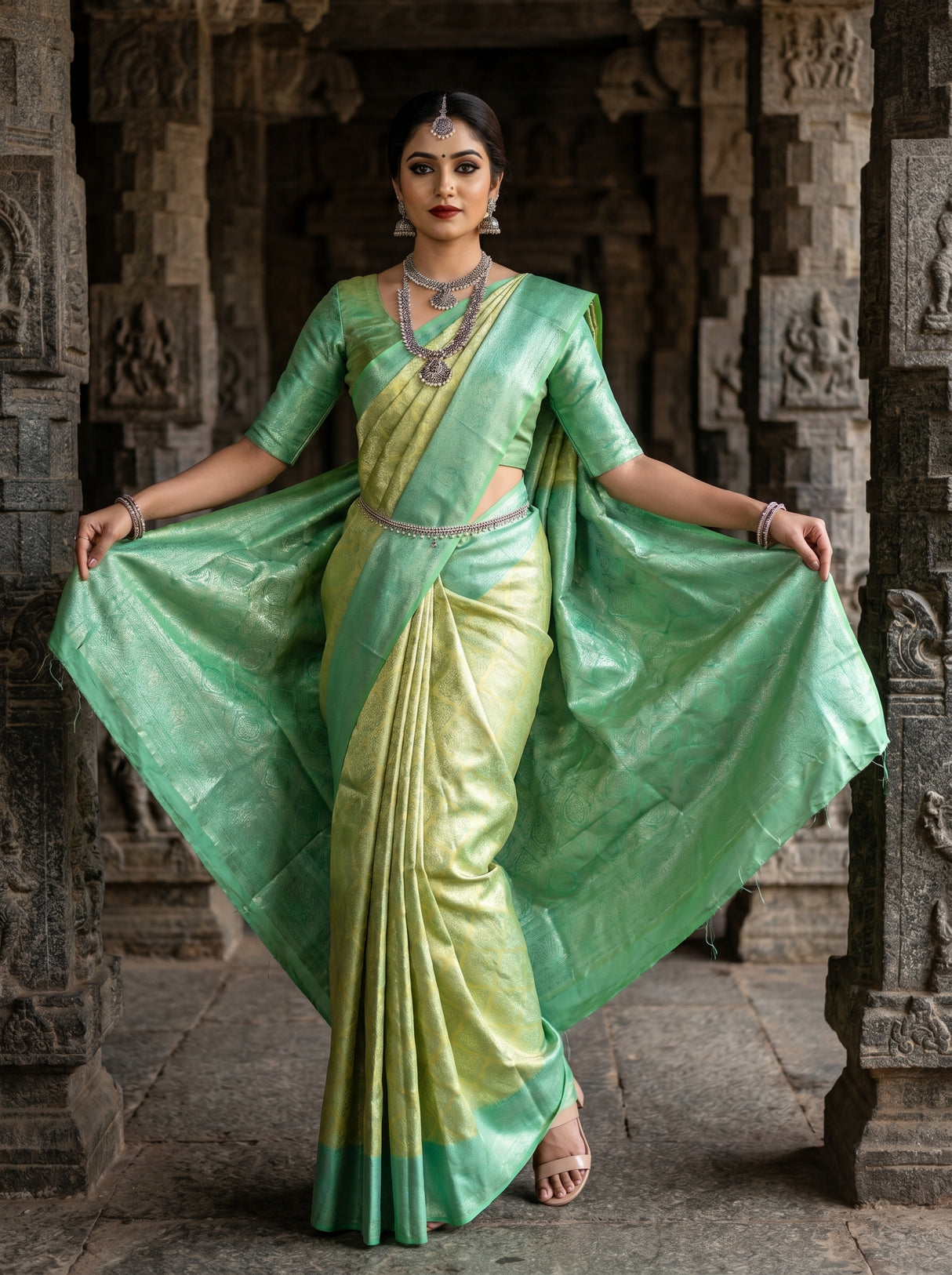 MIMOSA Olive Kanjivaram Art Silk Saree — Close-up of Saree Body and Pallu