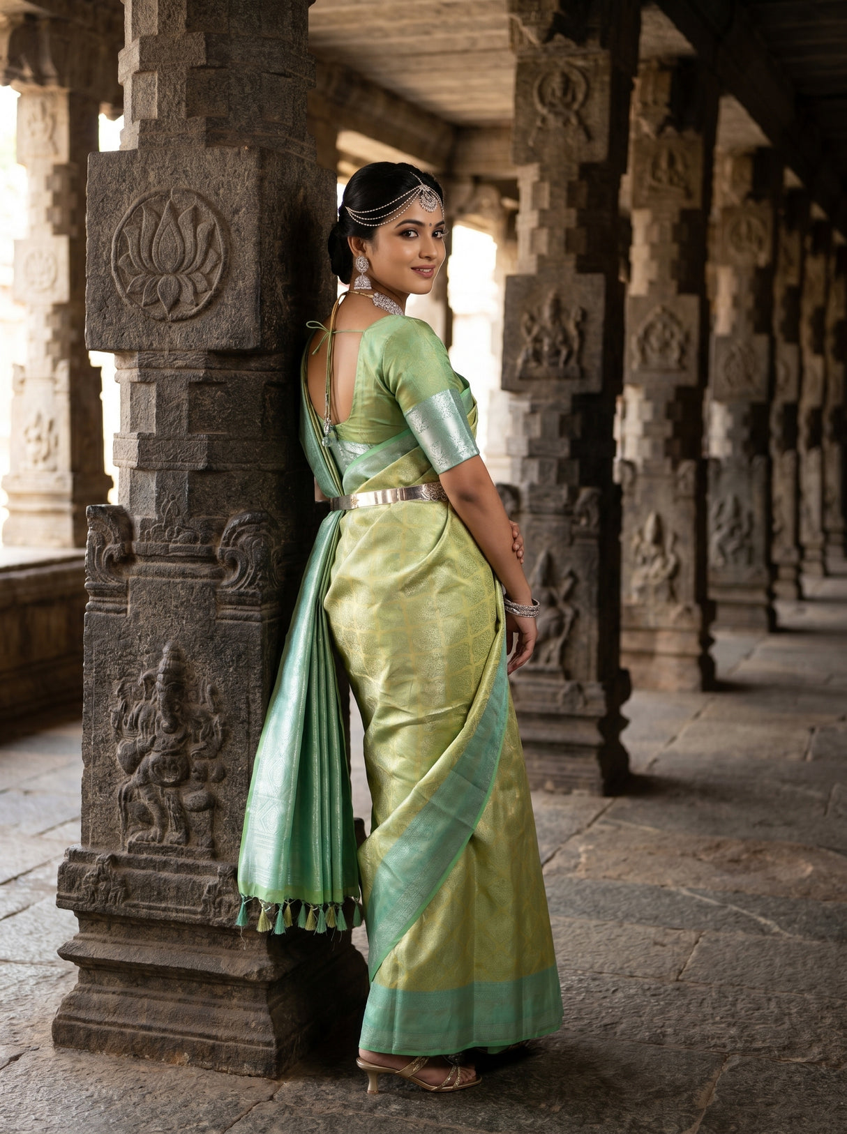 MIMOSA Olive Kanjivaram Art Silk Saree — Lower Body and Drape