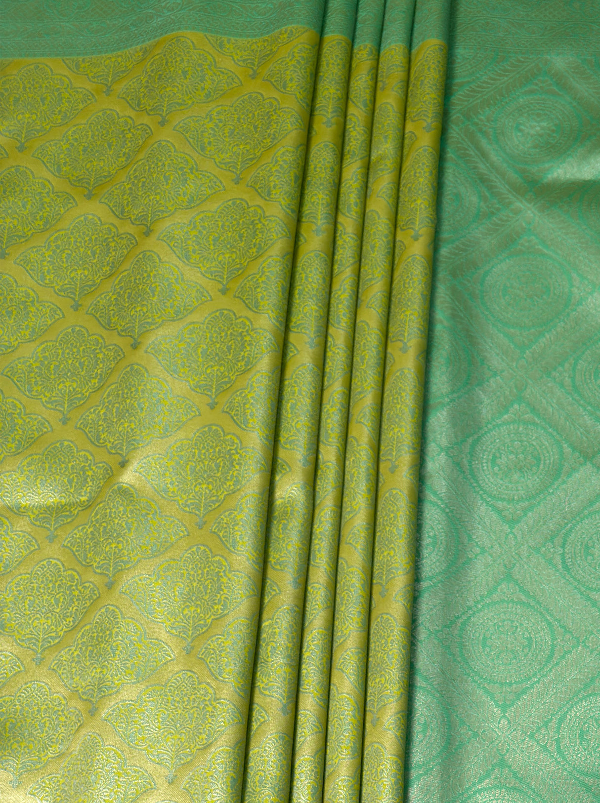 MIMOSA Olive Kanjivaram Art Silk Saree — Hem and Footwear