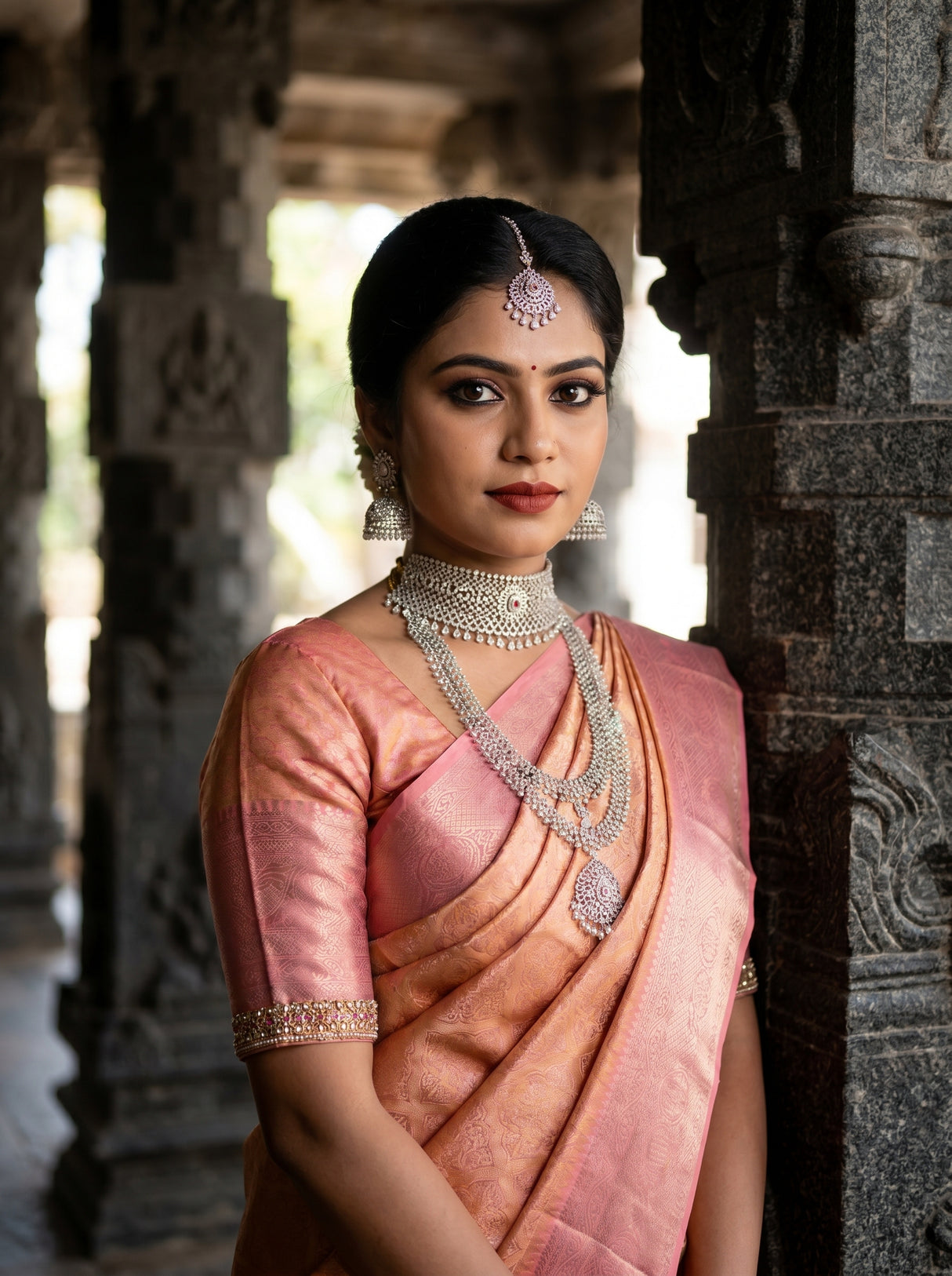 MIMOSA Peach Kanjivaram Art Silk Saree — Lower Body and Drape