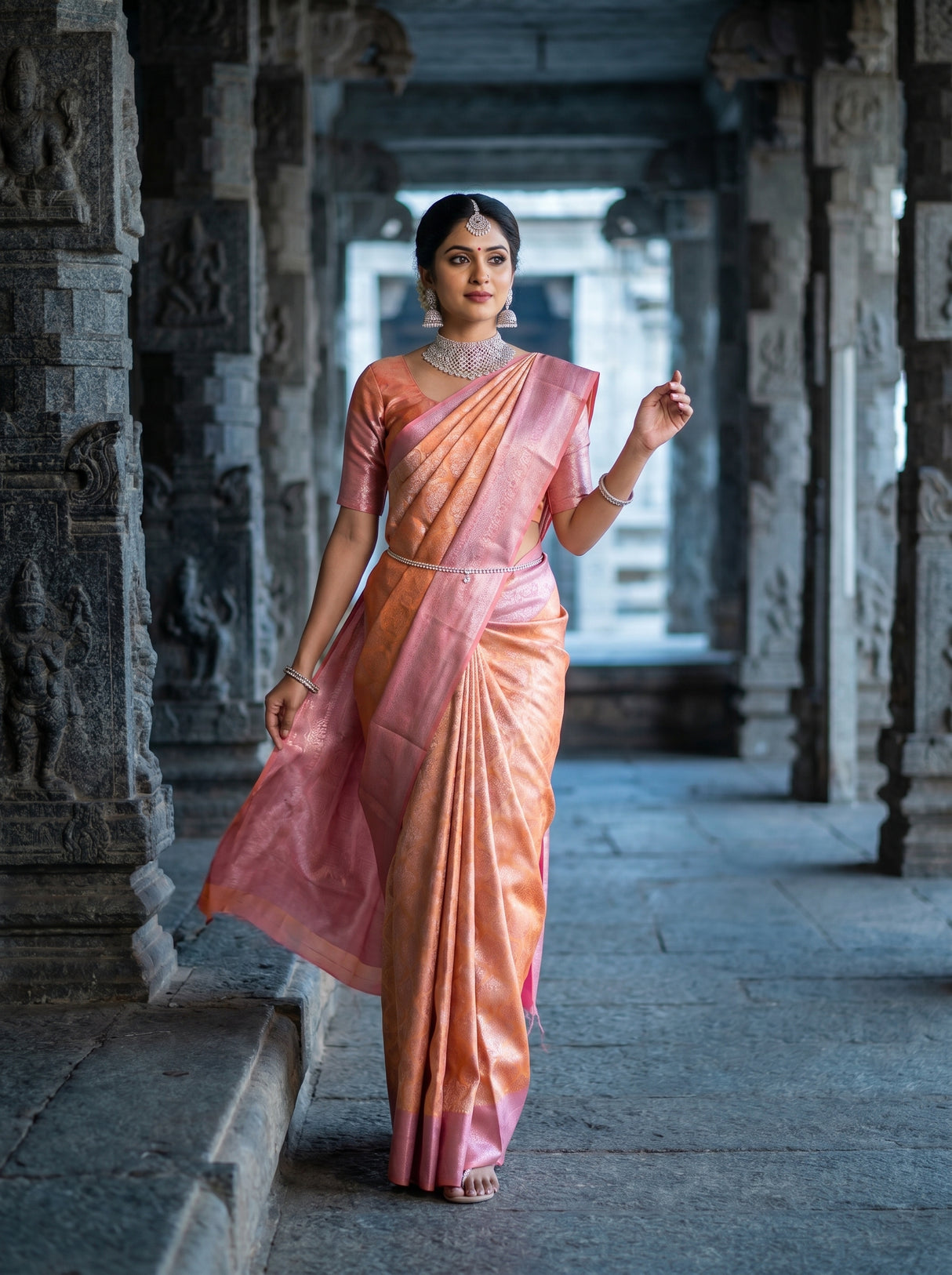 MIMOSA Peach Kanjivaram Art Silk Saree — Close-up of Saree Body and Pallu