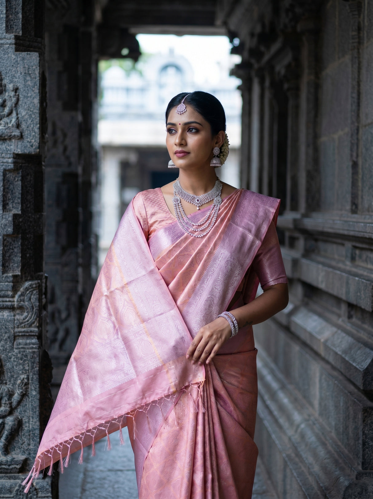 MIMOSA Pink Kanjivaram Art Silk Saree — Close-up of Pallu Weave