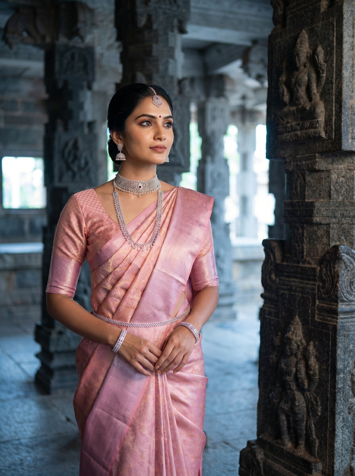 MIMOSA Pink Kanjivaram Art Silk Saree — Close-up of Hand and Waist Belt
