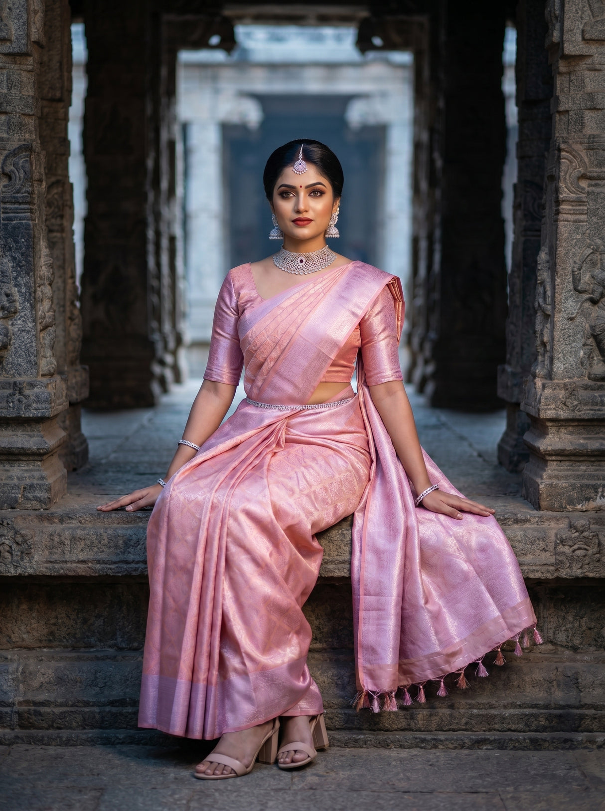 MIMOSA Pink Kanjivaram Art Silk Saree — Lower Body and Drape