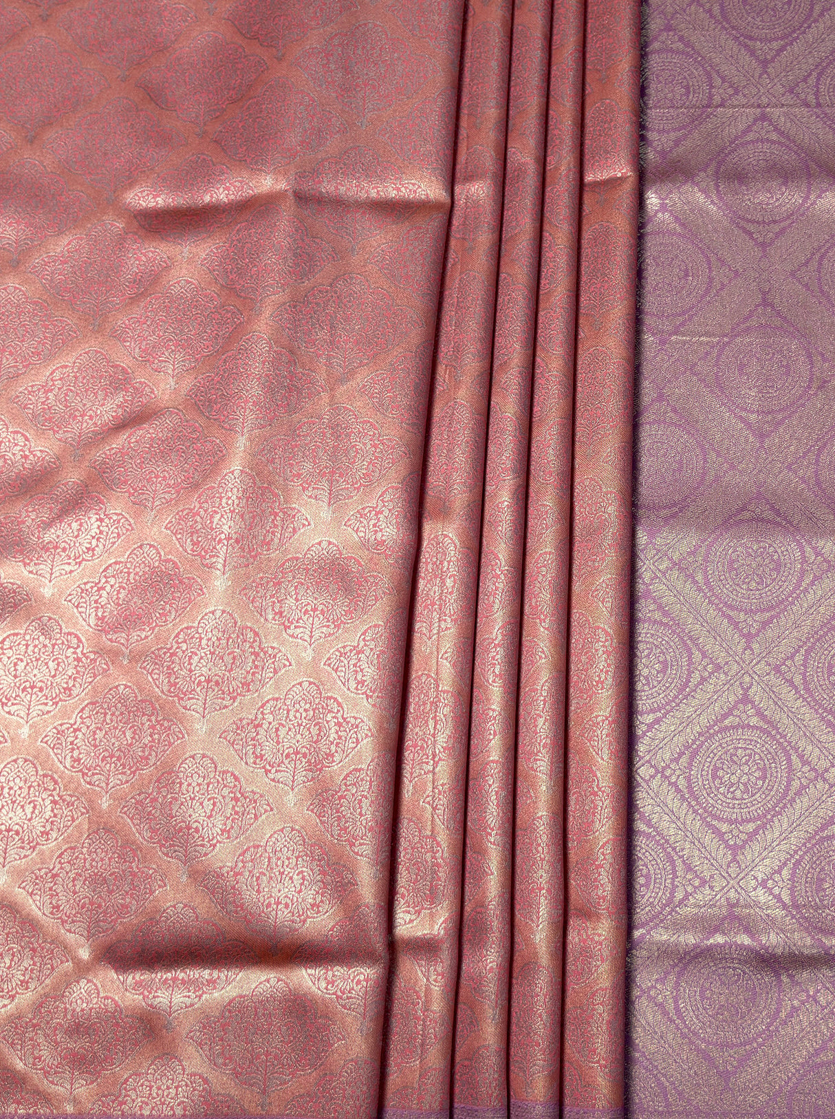 MIMOSA Pink Kanjivaram Art Silk Saree — Full view of lower drape and footwear