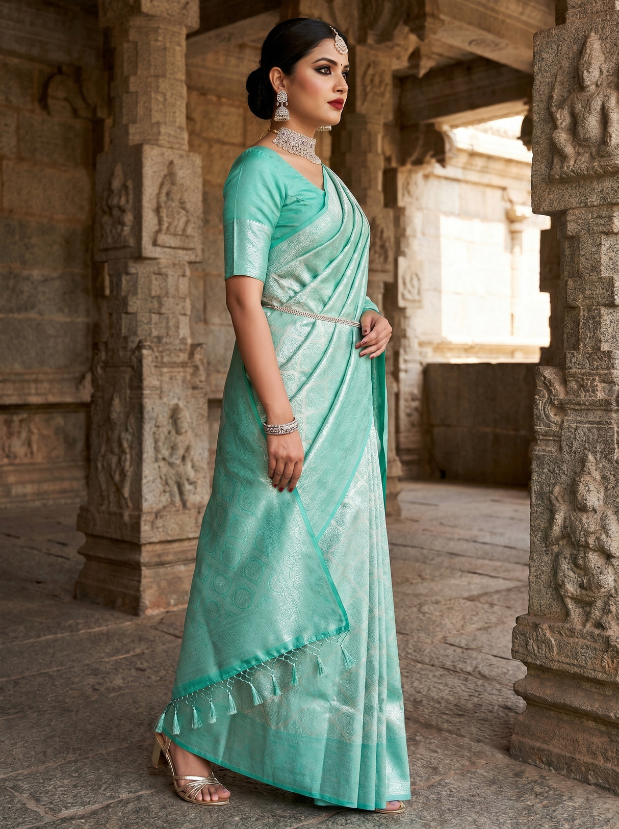 MIMOSA Rama Kanjivaram Art Silk Saree — Side View of Saree Drape